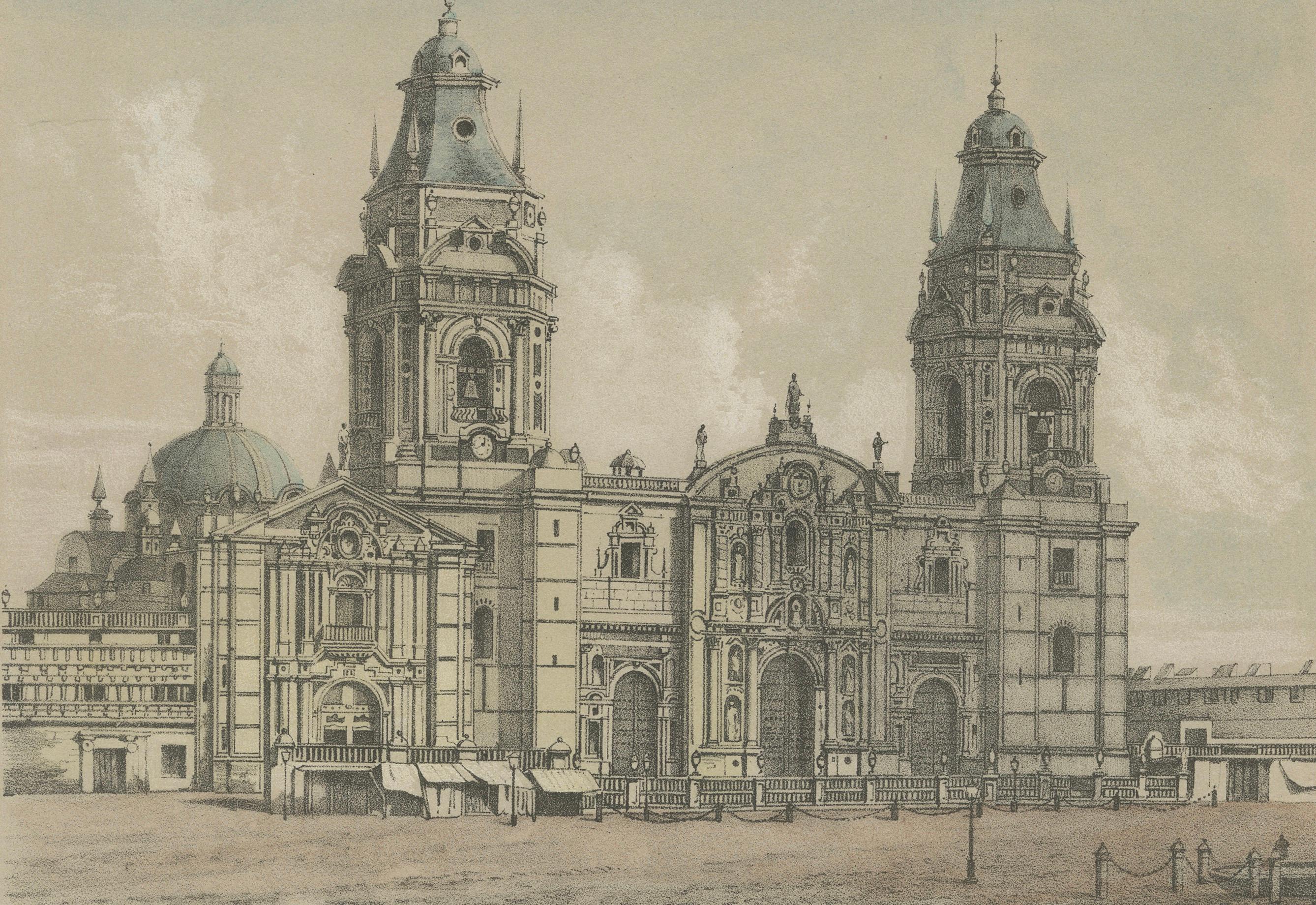 Hand-colored lithograph views of the Cathedral and La Merced Church, Lima – 1865

Description:
This fine hand-colored lithograph sheet presents two important ecclesiastical monuments of Lima: the *Iglesia de La Merced* and the *Catedral de Lima*. It
