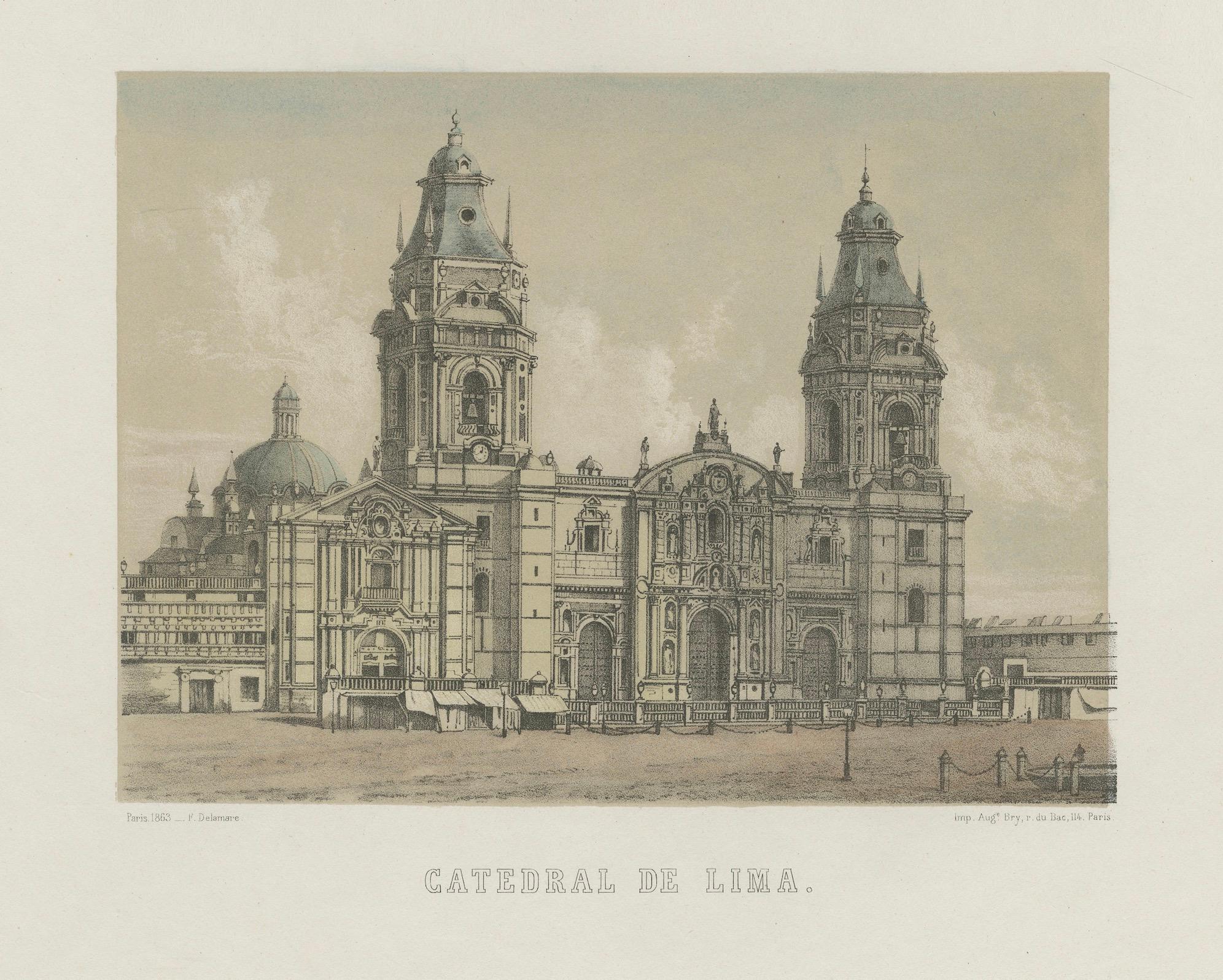 French Hand-colored lithograph views of the Cathedral and La Merced Church, Lima – 1865 For Sale