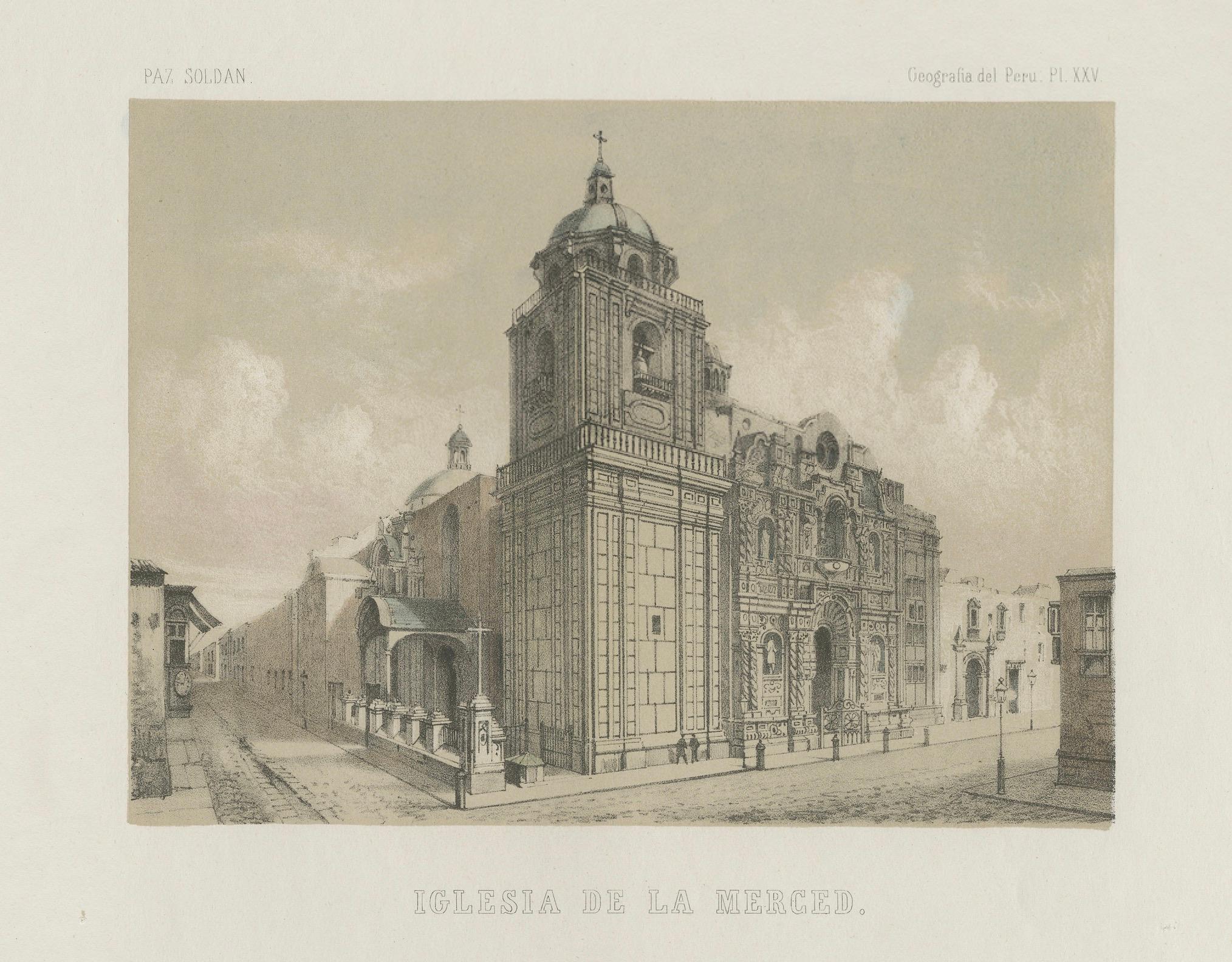Mid-19th Century Hand-colored lithograph views of the Cathedral and La Merced Church, Lima – 1865 For Sale