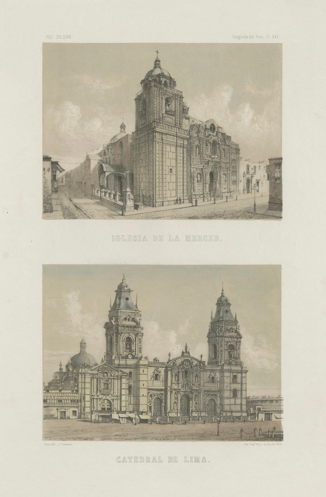 Paper Hand-colored lithograph views of the Cathedral and La Merced Church, Lima – 1865 For Sale