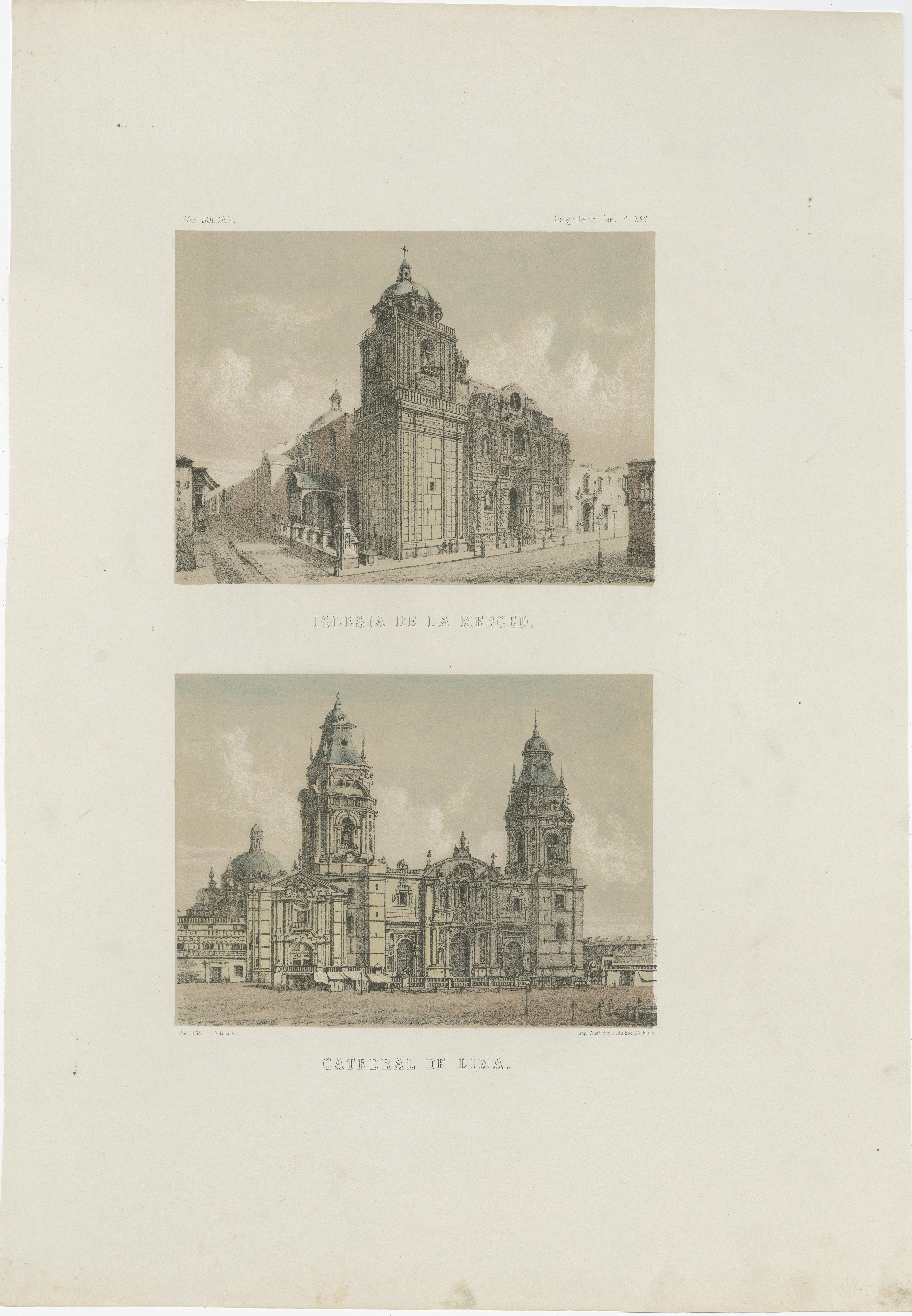 Hand-colored lithograph views of the Cathedral and La Merced Church, Lima – 1865 For Sale 1