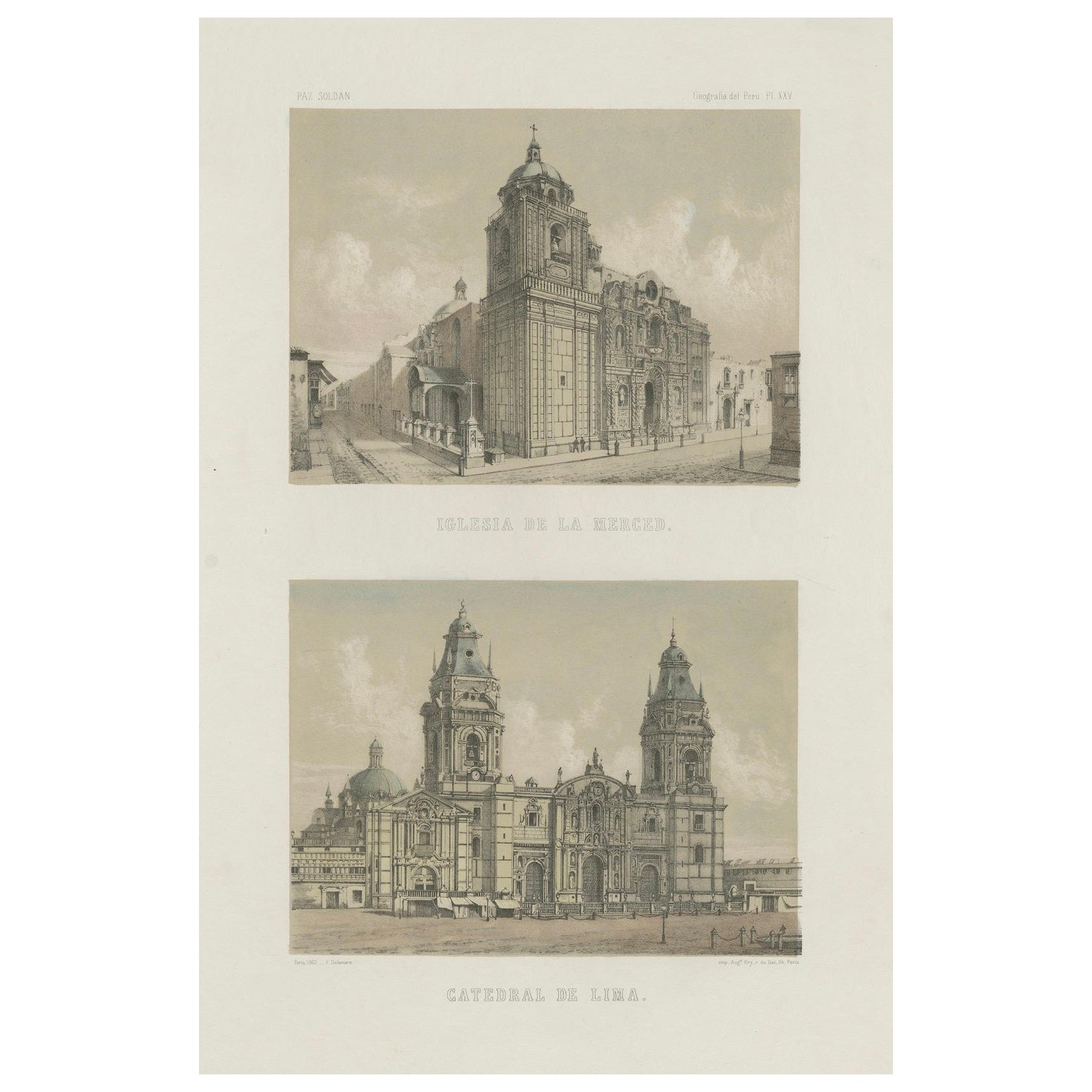 Hand-colored lithograph views of the Cathedral and La Merced Church, Lima – 1865