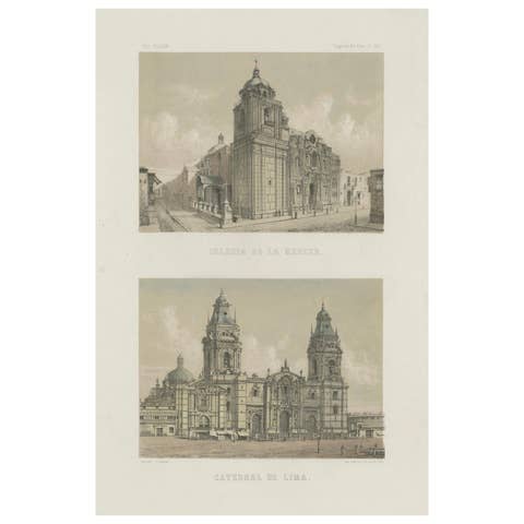 Hand-colored lithograph views of the Cathedral and La Merced Church, Lima – 1865