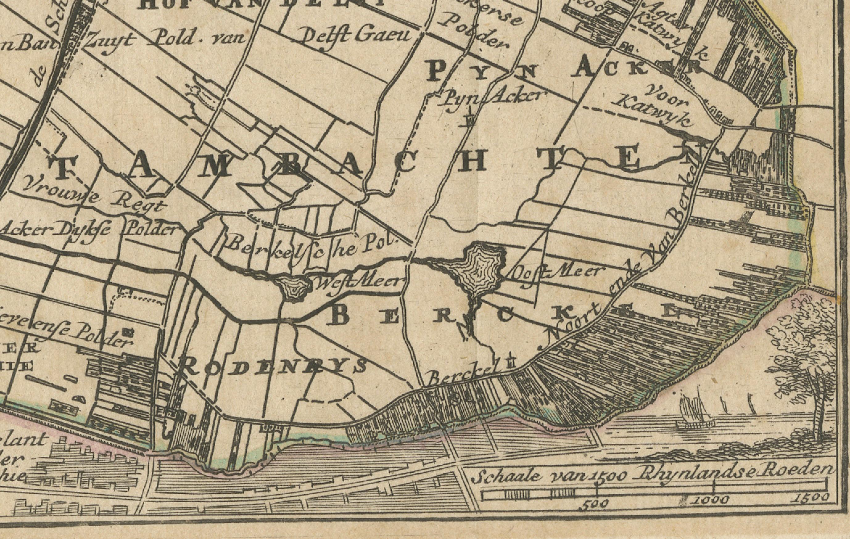Carte du Delfland coloriée à la main par Hendrik de Leth, 1740 - Delft & La Haye

Cette carte ancienne magnifiquement conservée intitulée 