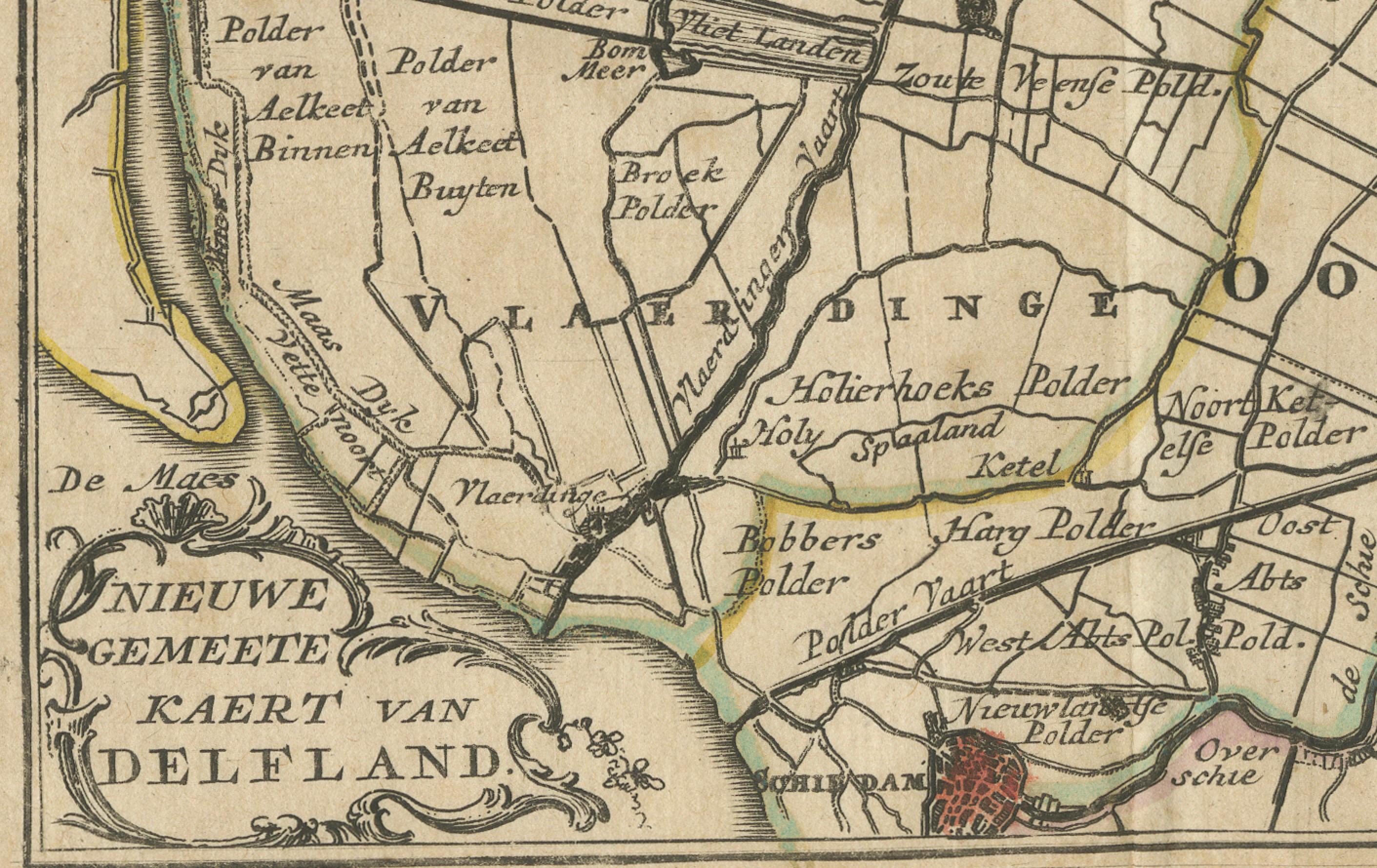 Gravé Carte du Delfland coloriée à la main par Hendrik De Leth, 1740 - Delft & The Hague en vente
