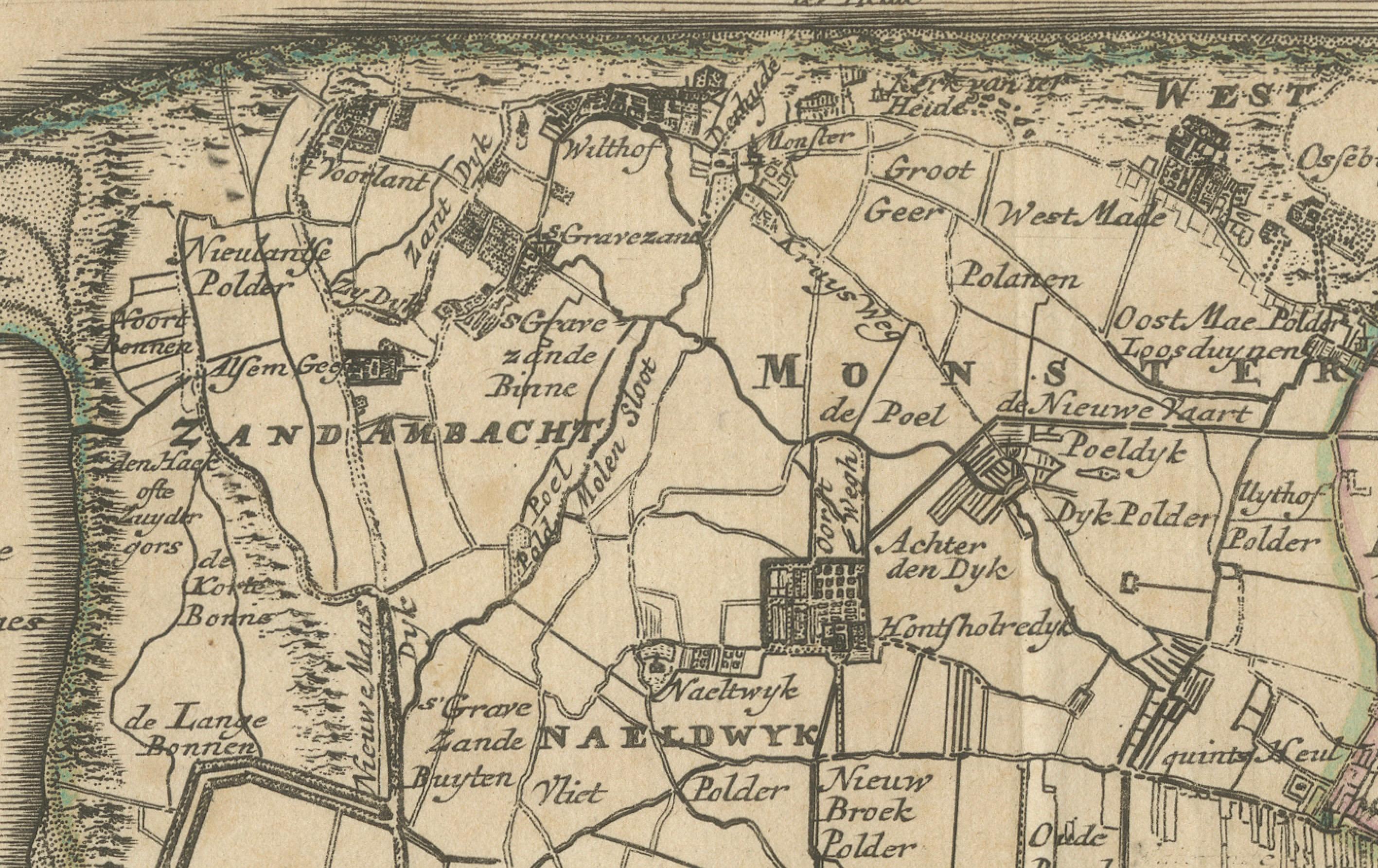 Carte du Delfland coloriée à la main par Hendrik De Leth, 1740 - Delft & The Hague Bon état - En vente à Langweer, NL