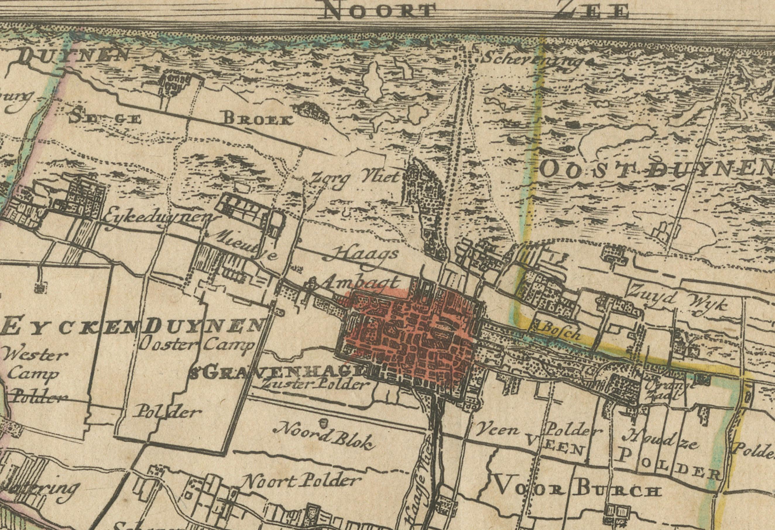 Milieu du XVIIIe siècle Carte du Delfland coloriée à la main par Hendrik De Leth, 1740 - Delft & The Hague en vente