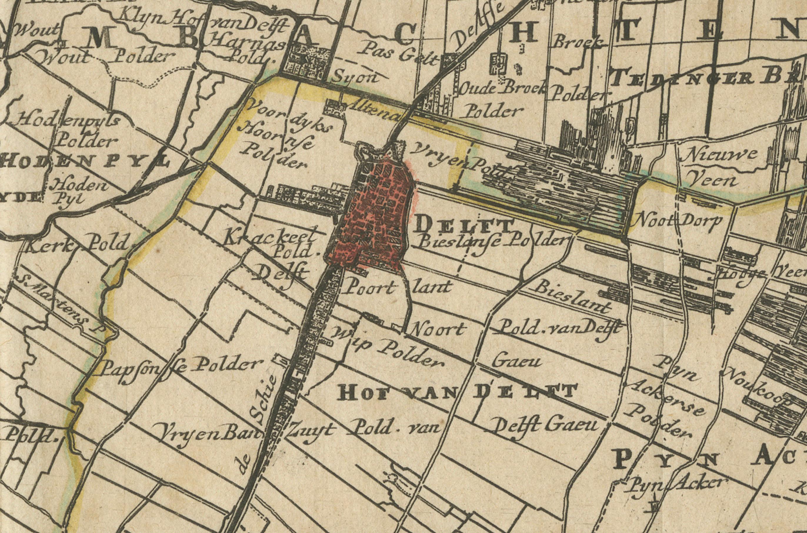 Papier Carte du Delfland coloriée à la main par Hendrik De Leth, 1740 - Delft & The Hague en vente