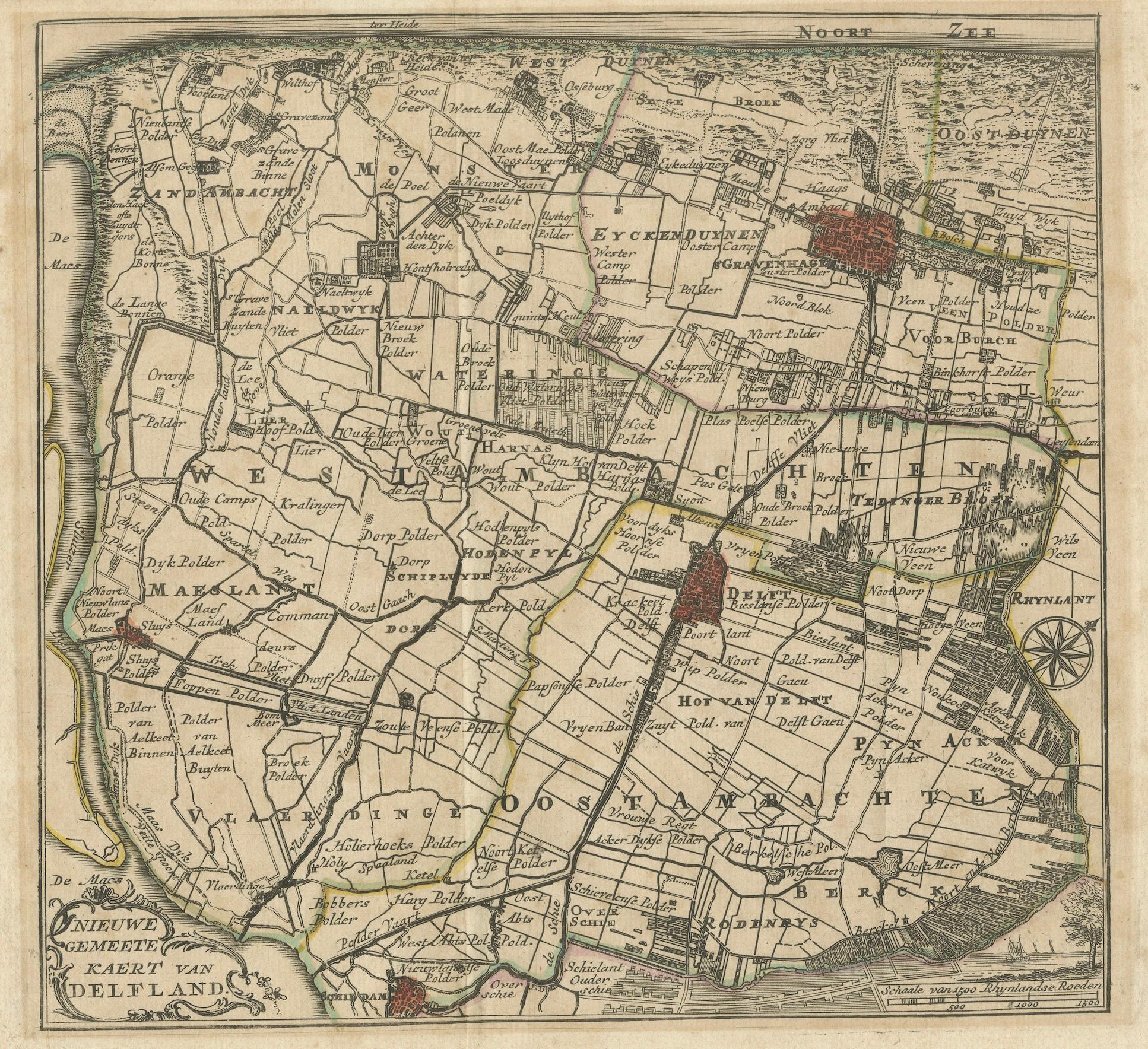 Carte du Delfland coloriée à la main par Hendrik De Leth, 1740 - Delft & The Hague en vente 1