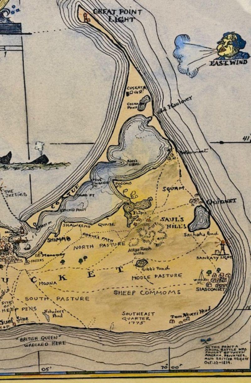 Peint à la main Carte de Nantucket coloriée à la main par Austin Strong (1881 - 1952), vers 1921 en vente