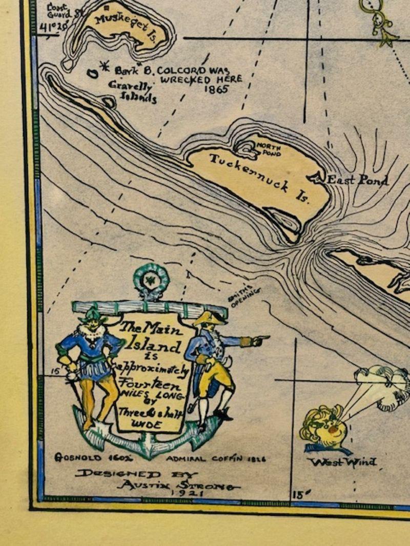 Début du 20ème siècle Carte de Nantucket coloriée à la main par Austin Strong (1881 - 1952), vers 1921 en vente
