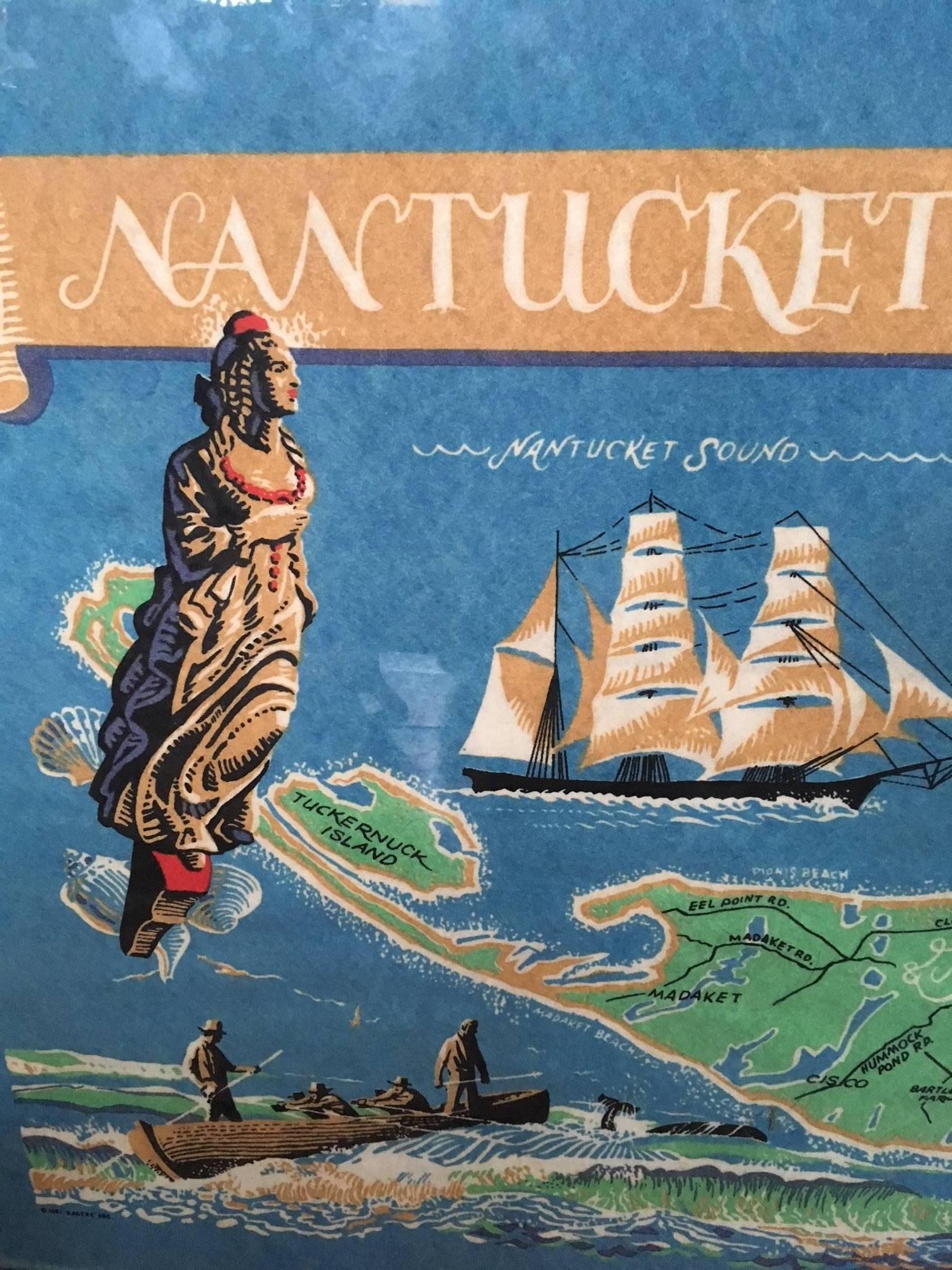 Vintage hand colored map of Nantucket by Sol Levenson (1910-2006), an extremely rare decorative map of Nantucket Island, printed on non-woven fabric (quilting interface fabric) and hand colored and detailed, hand signed in the lower right and