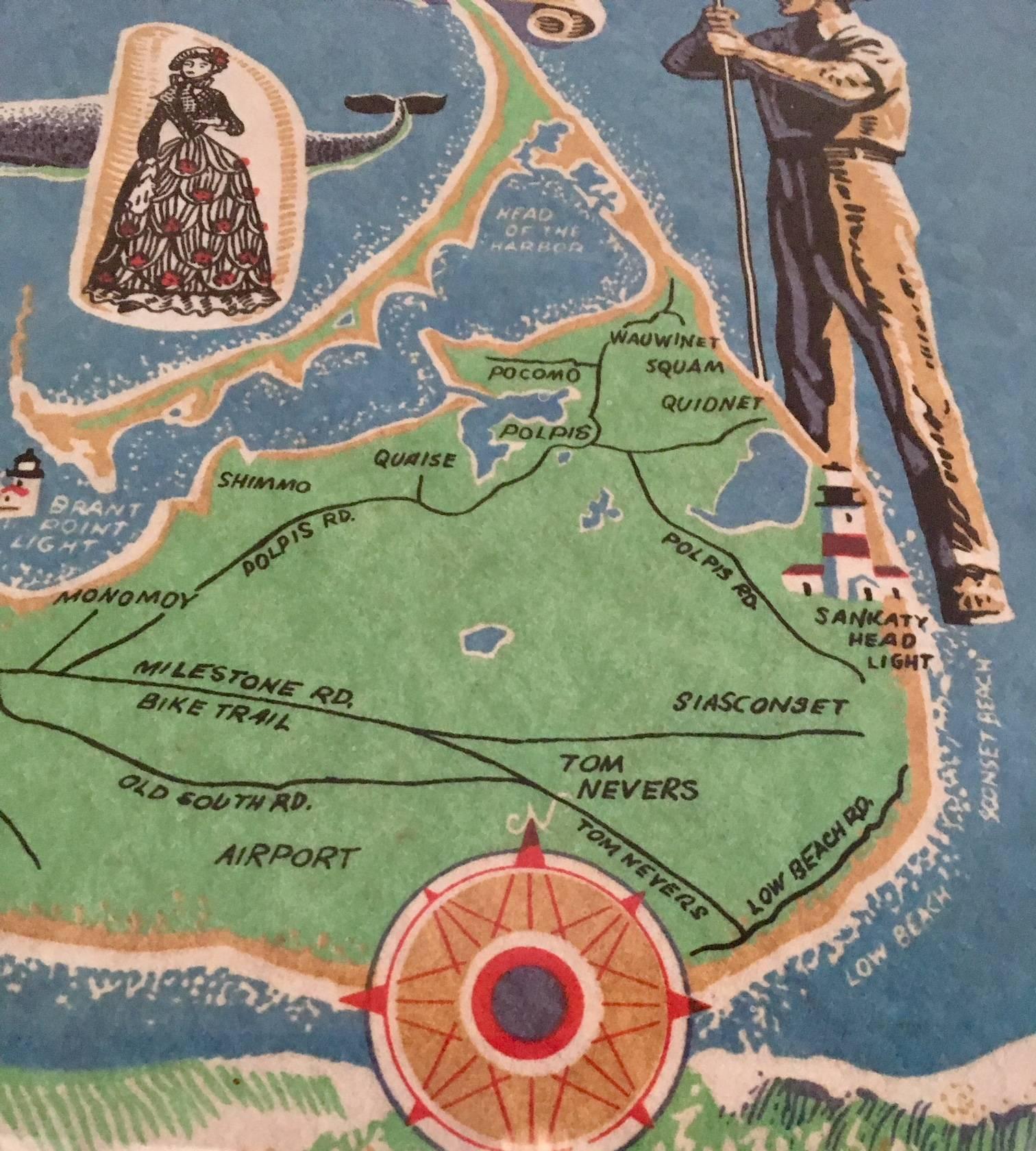 Hand-Painted Hand Colored Map of Nantucket by Sol Levenson, 1981