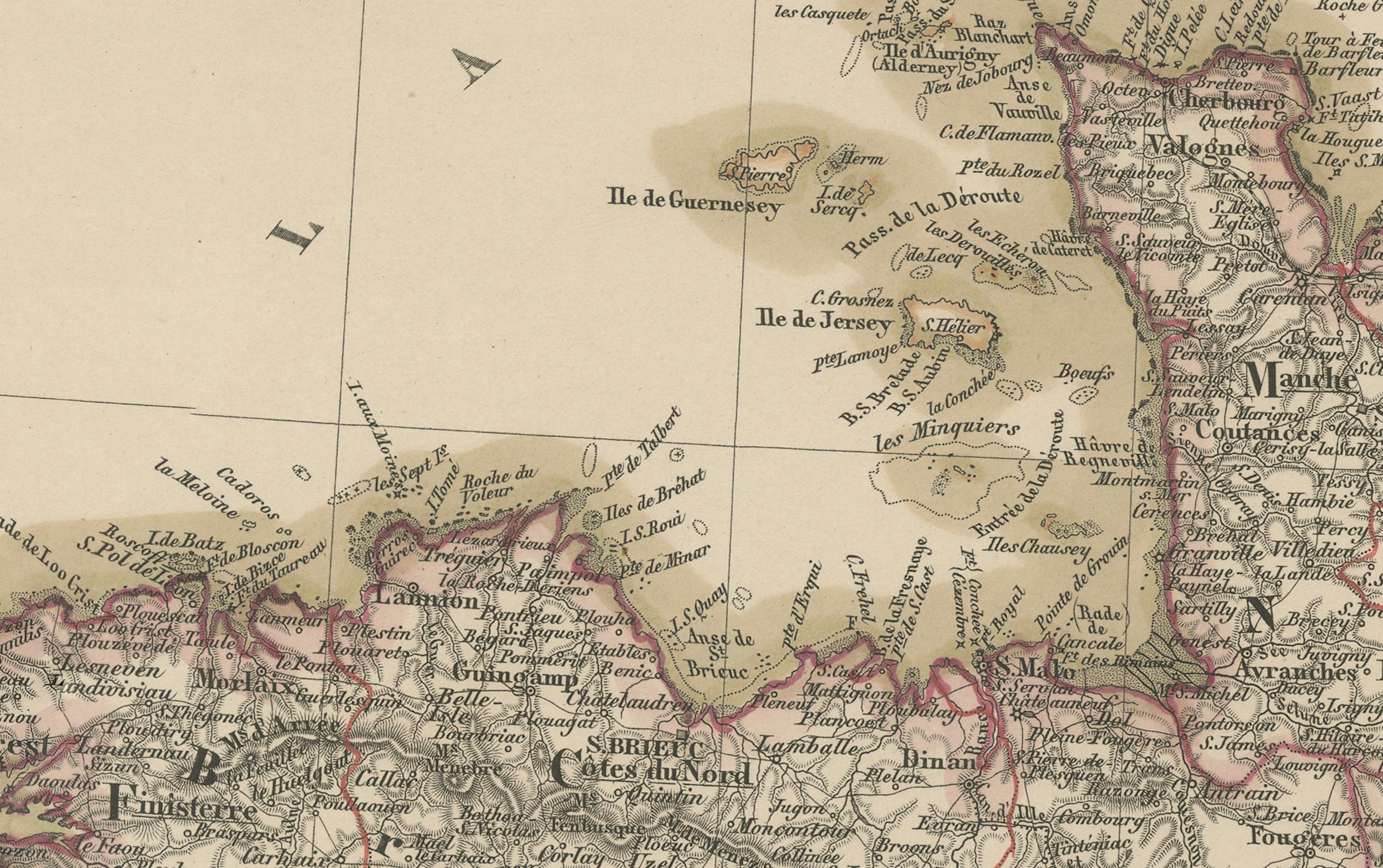 Mapa coloreado a mano del noroeste de Francia - Bretaña al Loira, 1858 Alemán en venta