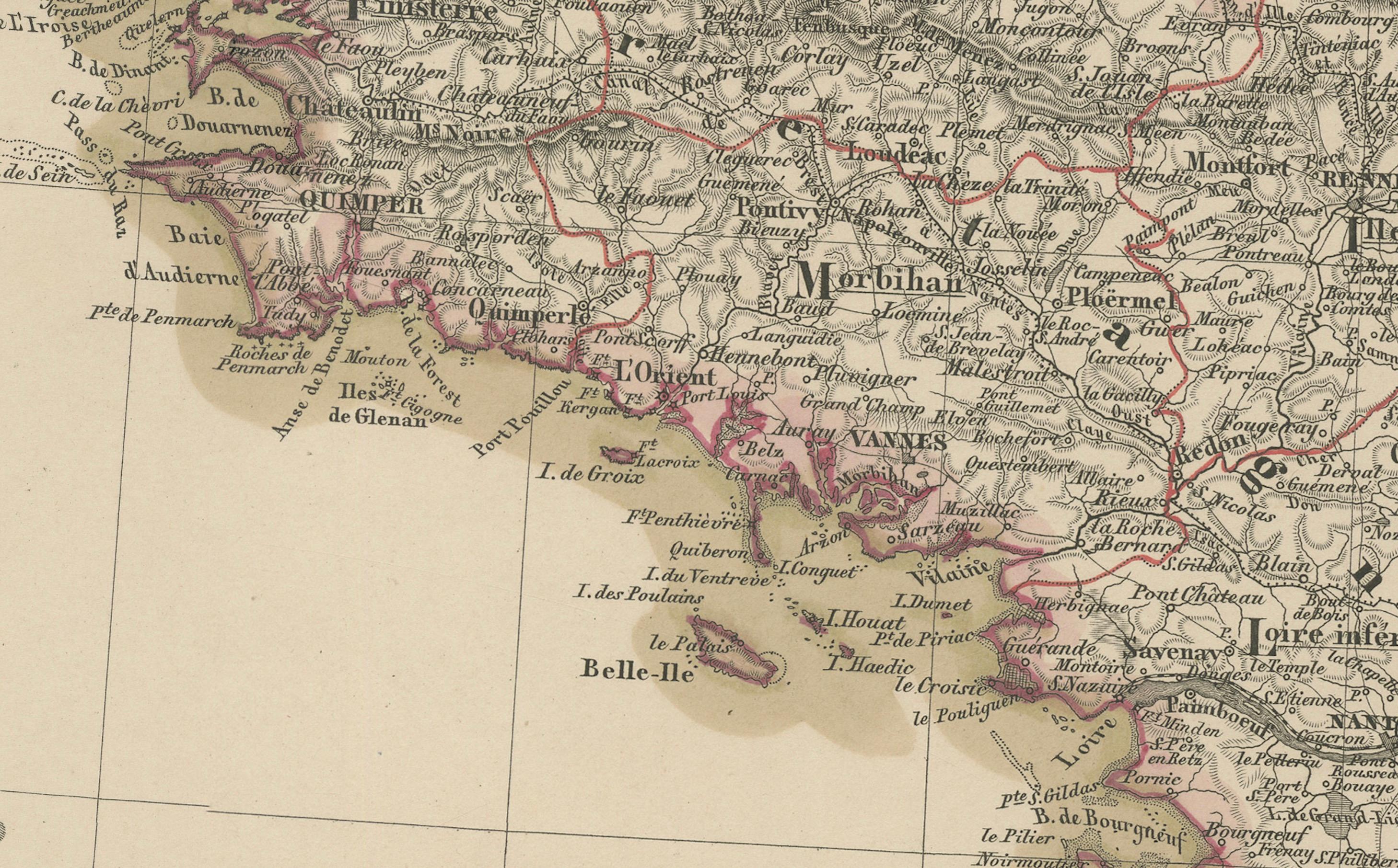 Mapa coloreado a mano del noroeste de Francia - Bretaña al Loira, 1858 Grabado en venta