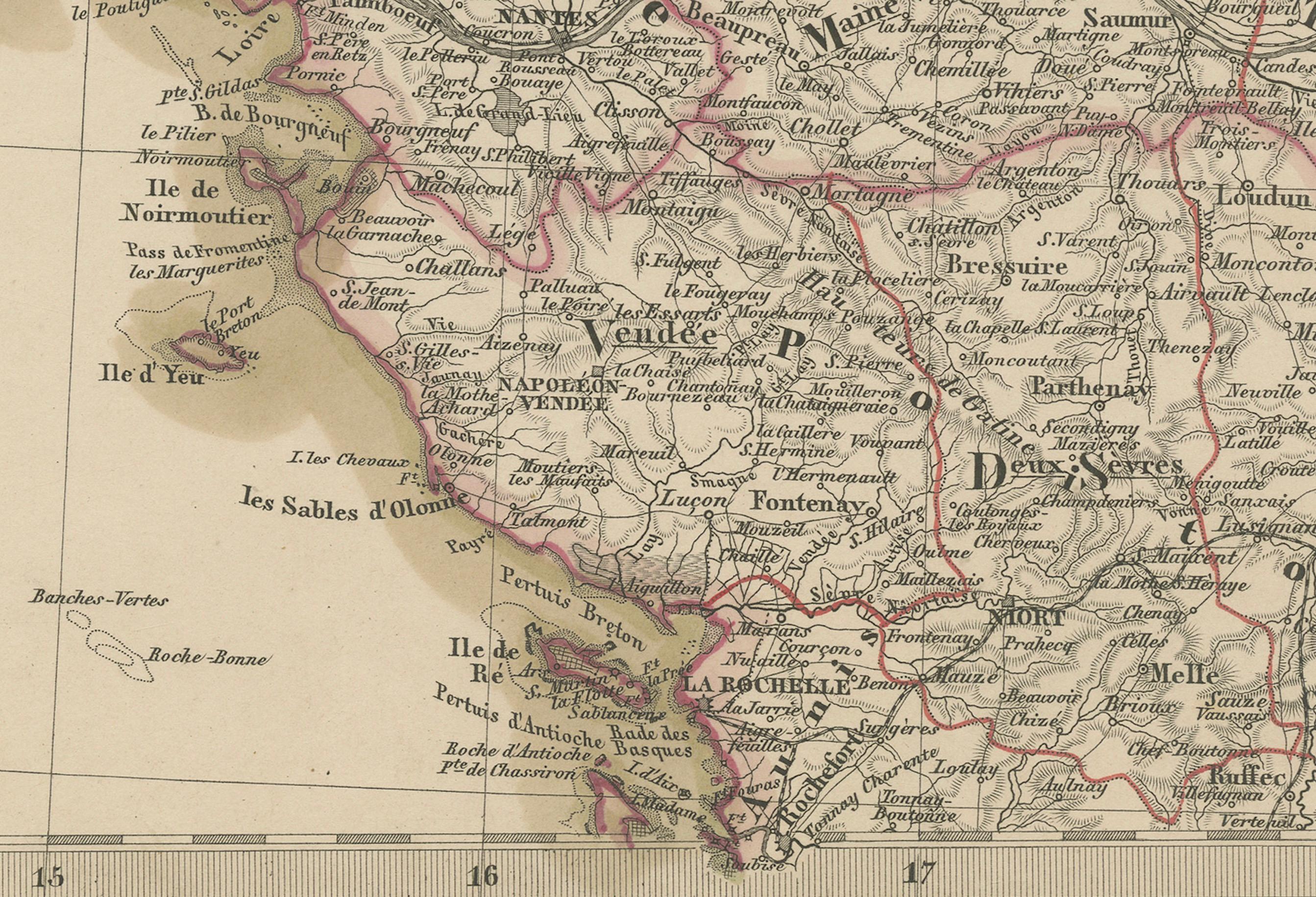 Mapa coloreado a mano del noroeste de Francia - Bretaña al Loira, 1858 en Bueno estado para la venta en Langweer, NL