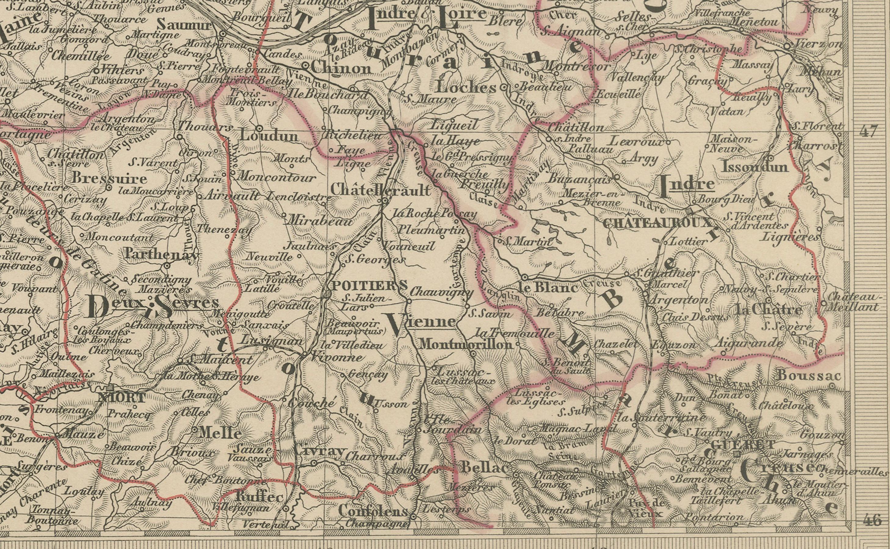 Mapa coloreado a mano del noroeste de Francia - Bretaña al Loira, 1858 siglo XIX en venta