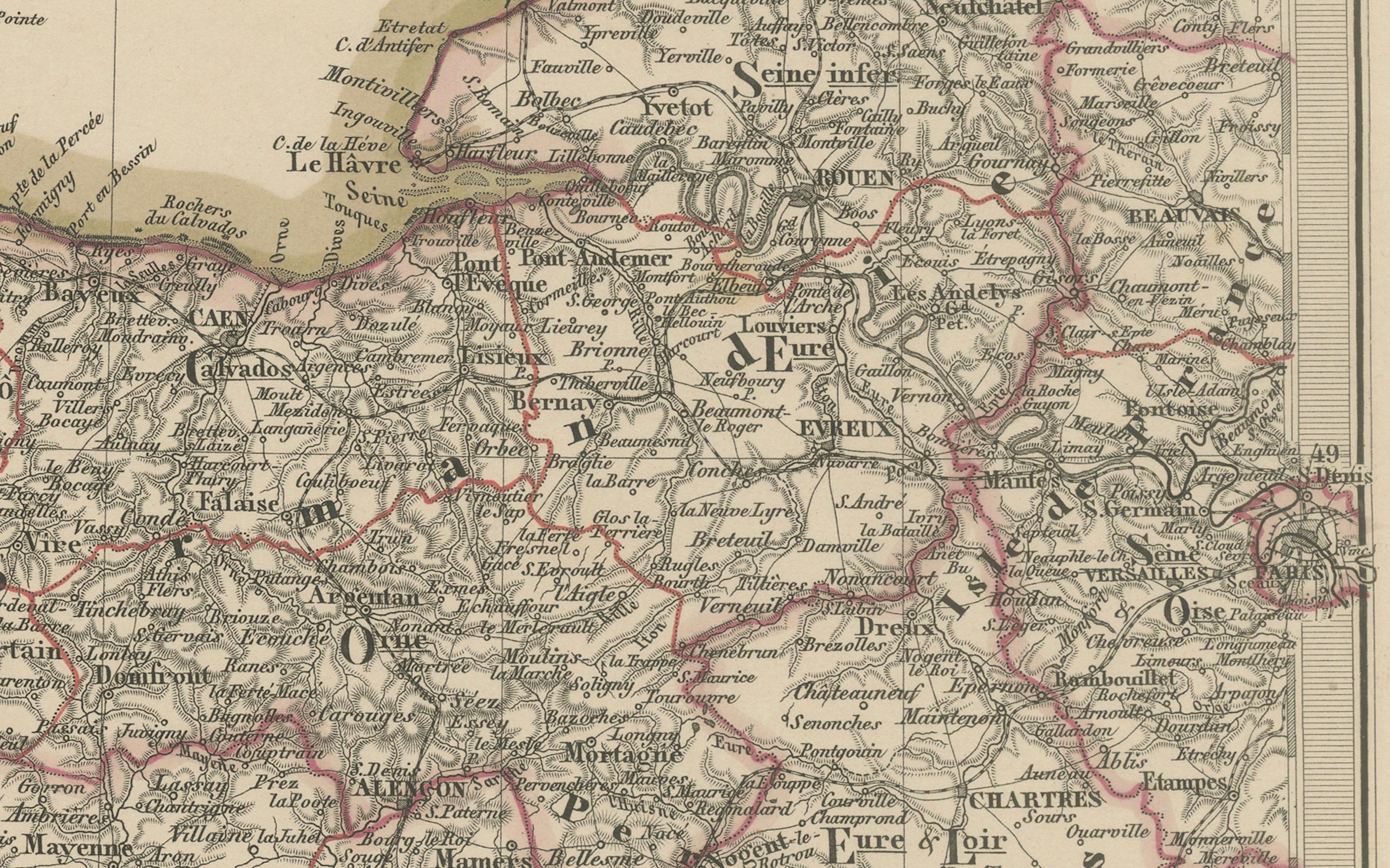 Mapa coloreado a mano del noroeste de Francia - Bretaña al Loira, 1858 Papel en venta