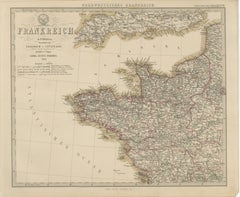 Mapa coloreado a mano del noroeste de Francia - Bretaña al Loira, 1858