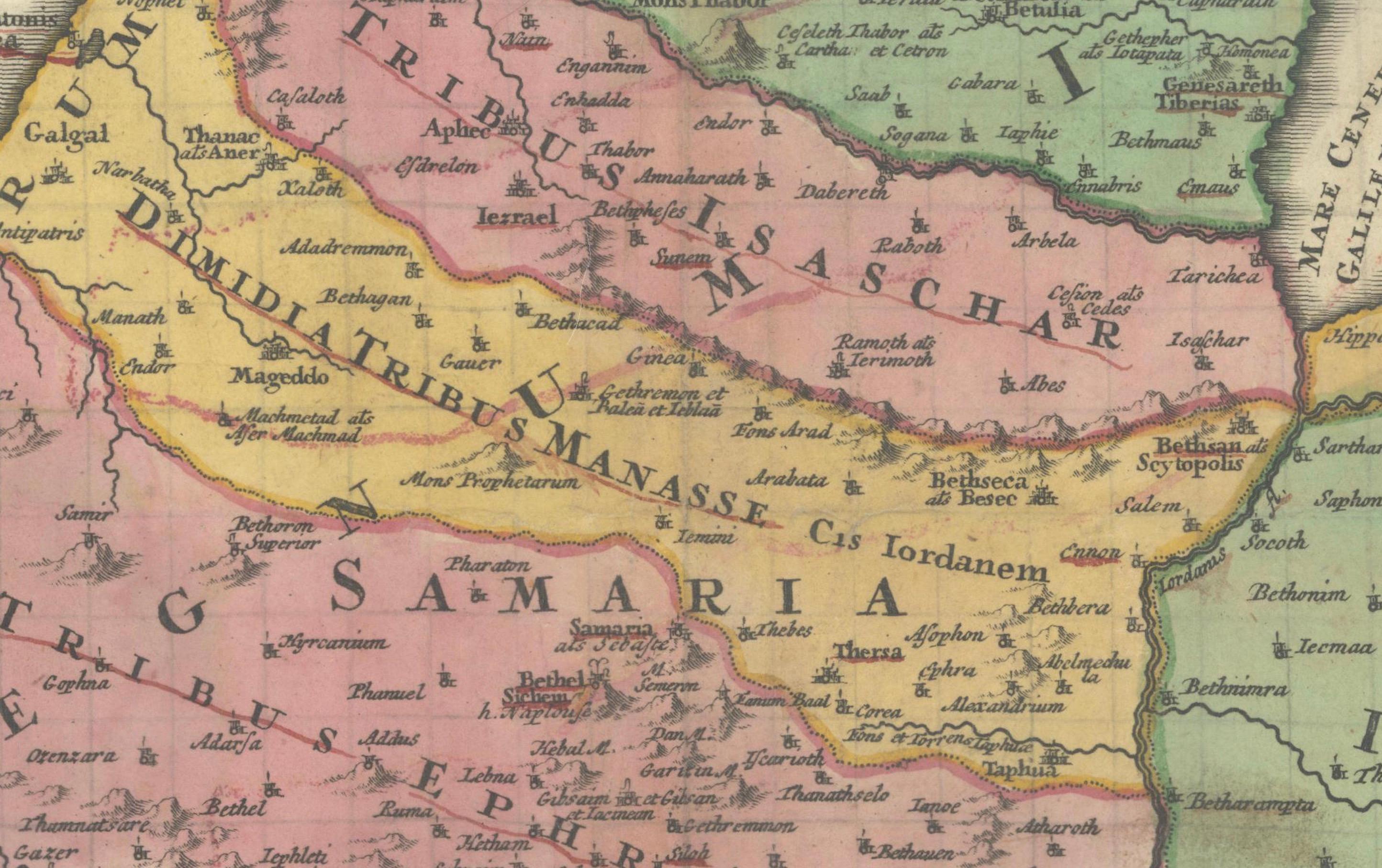 Mapa coloreado a mano de Tierra Santa dividida entre las doce tribus, c.1720 en venta 4