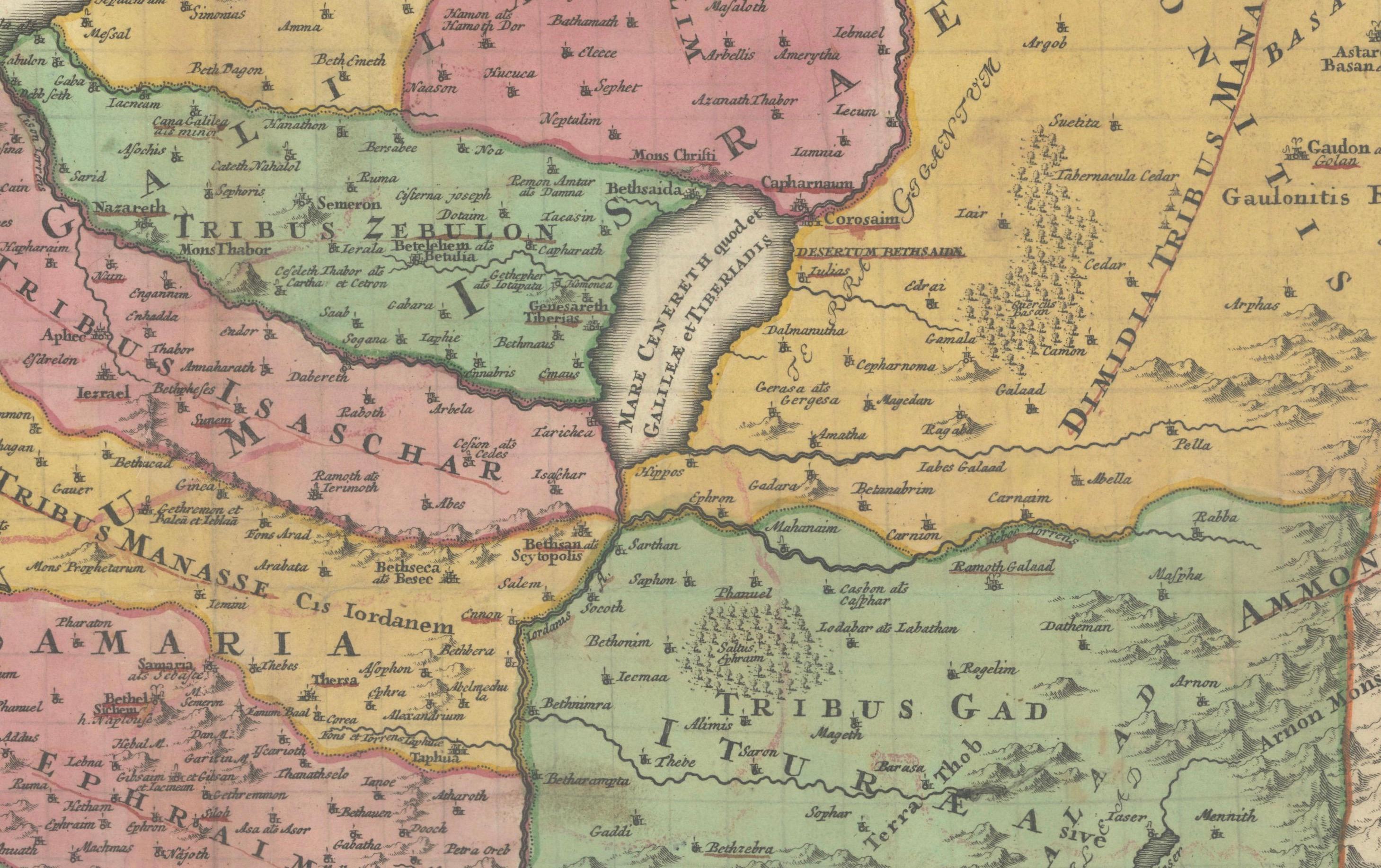 Mapa coloreado a mano de Tierra Santa dividida entre las doce tribus, c.1720

Este sorprendente mapa antiguo, titulado 