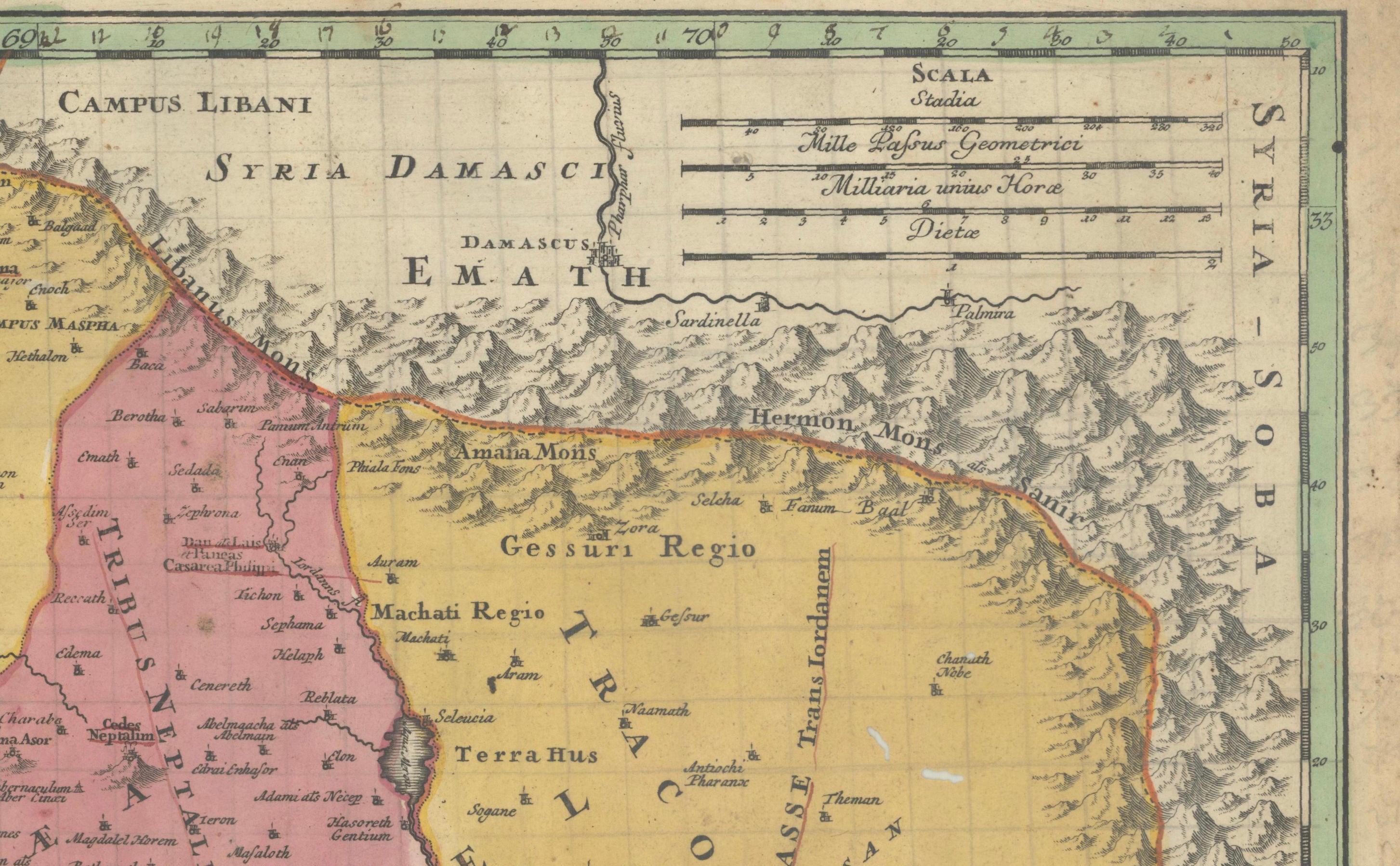 Mapa coloreado a mano de Tierra Santa dividida entre las doce tribus, c.1720 Europeo en venta