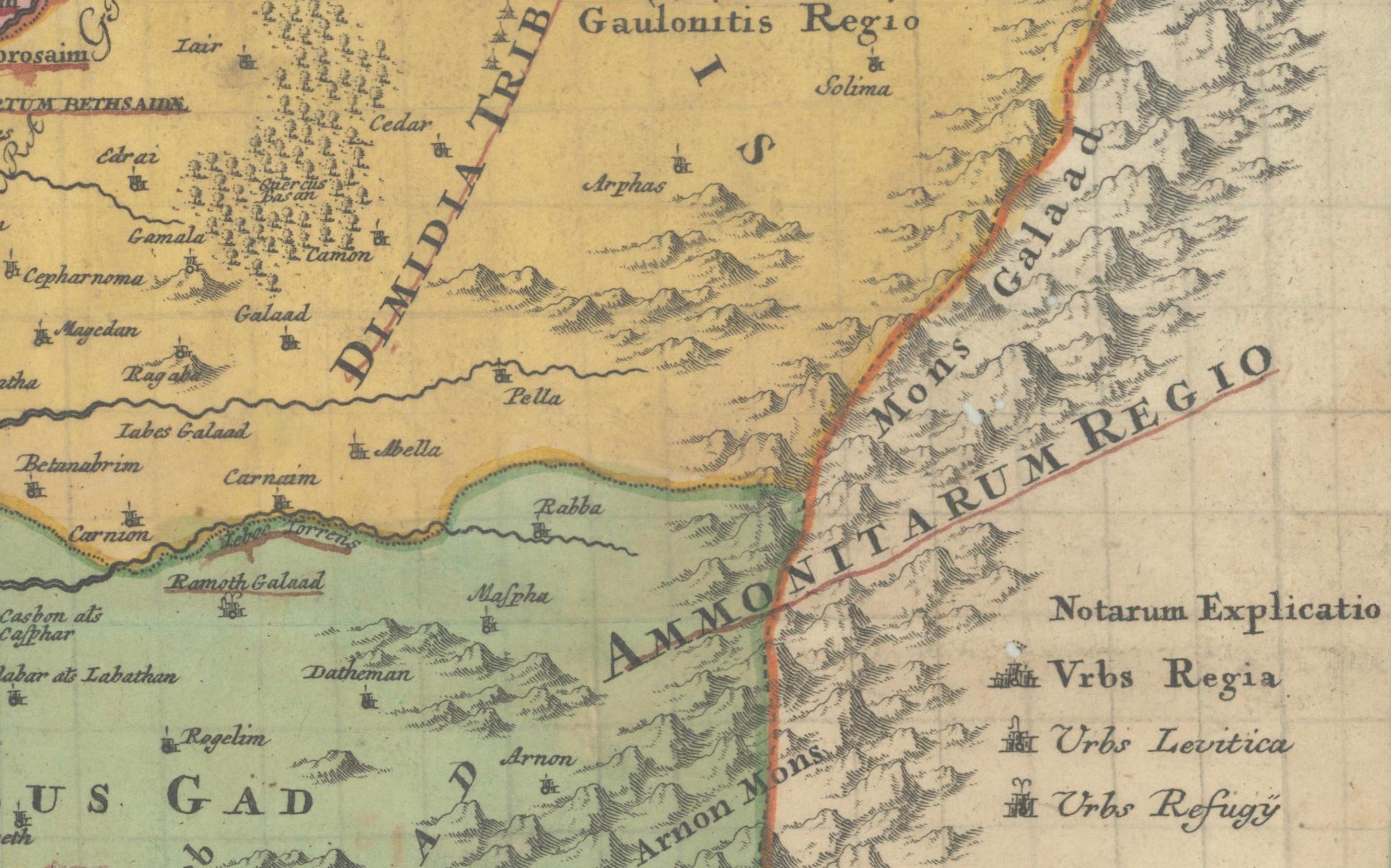Mapa coloreado a mano de Tierra Santa dividida entre las doce tribus, c.1720 Grabado en venta