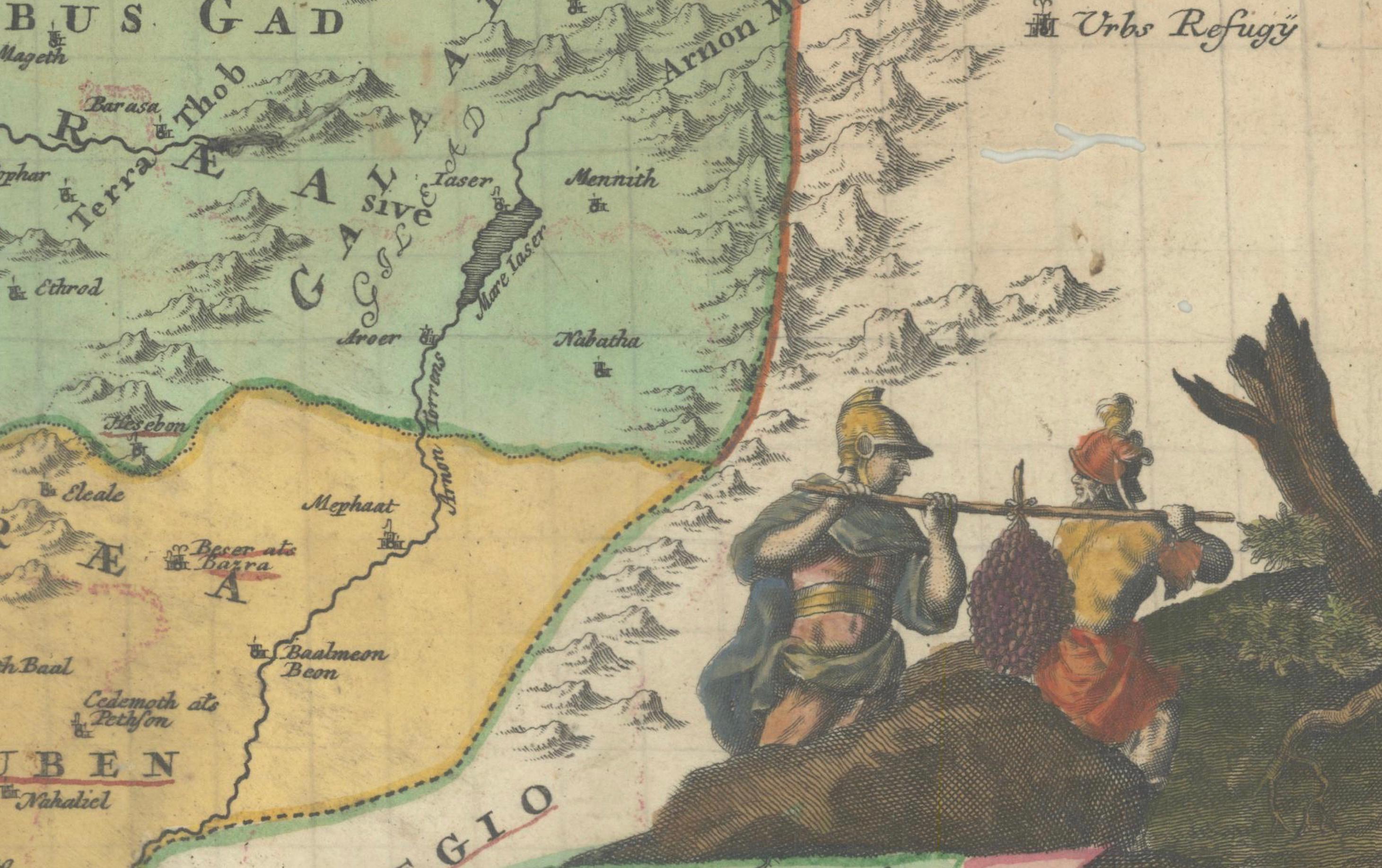 Mapa coloreado a mano de Tierra Santa dividida entre las doce tribus, c.1720 en Bastante bueno estado para la venta en Langweer, NL