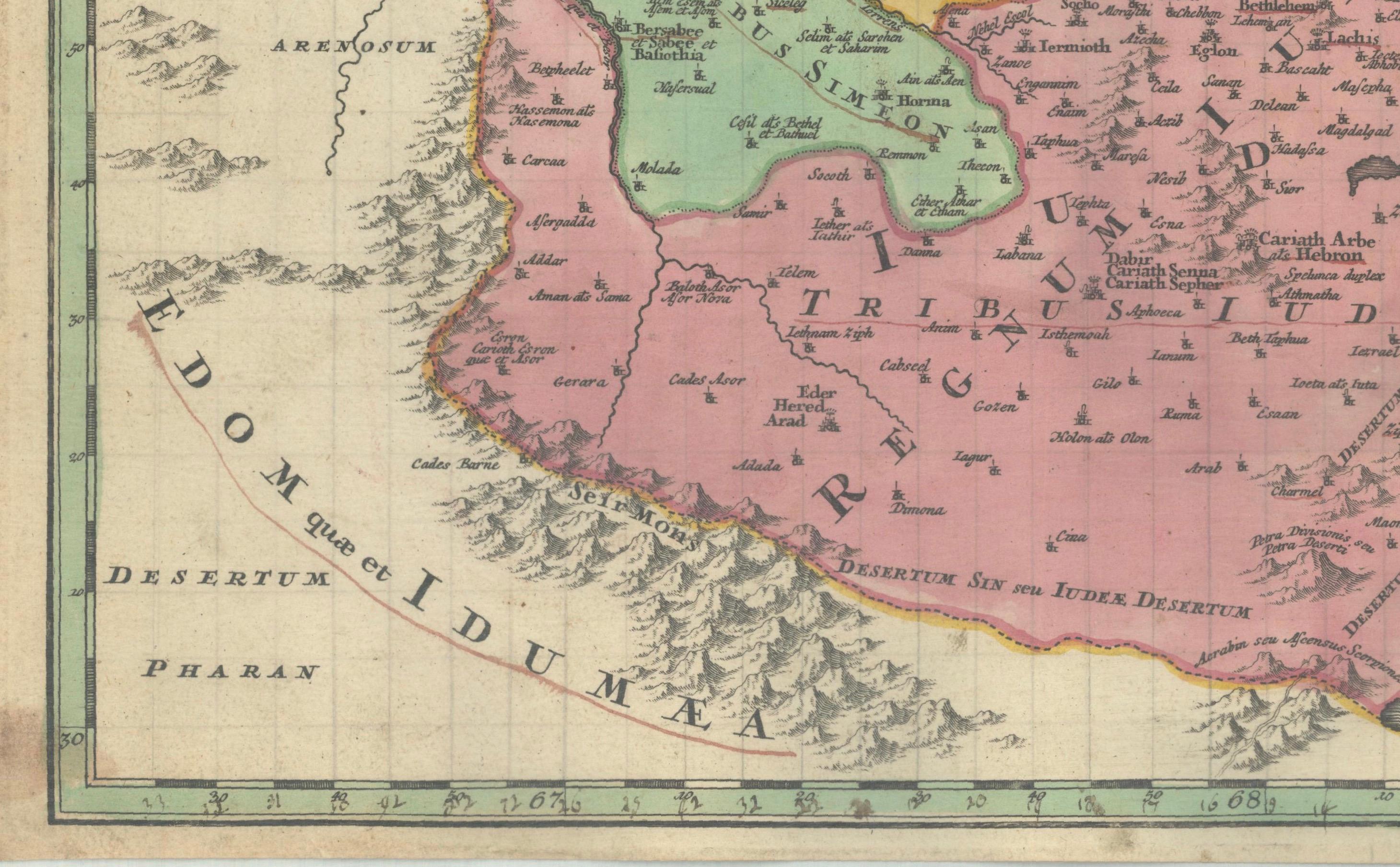 Mapa coloreado a mano de Tierra Santa dividida entre las doce tribus, c.1720 Papel en venta