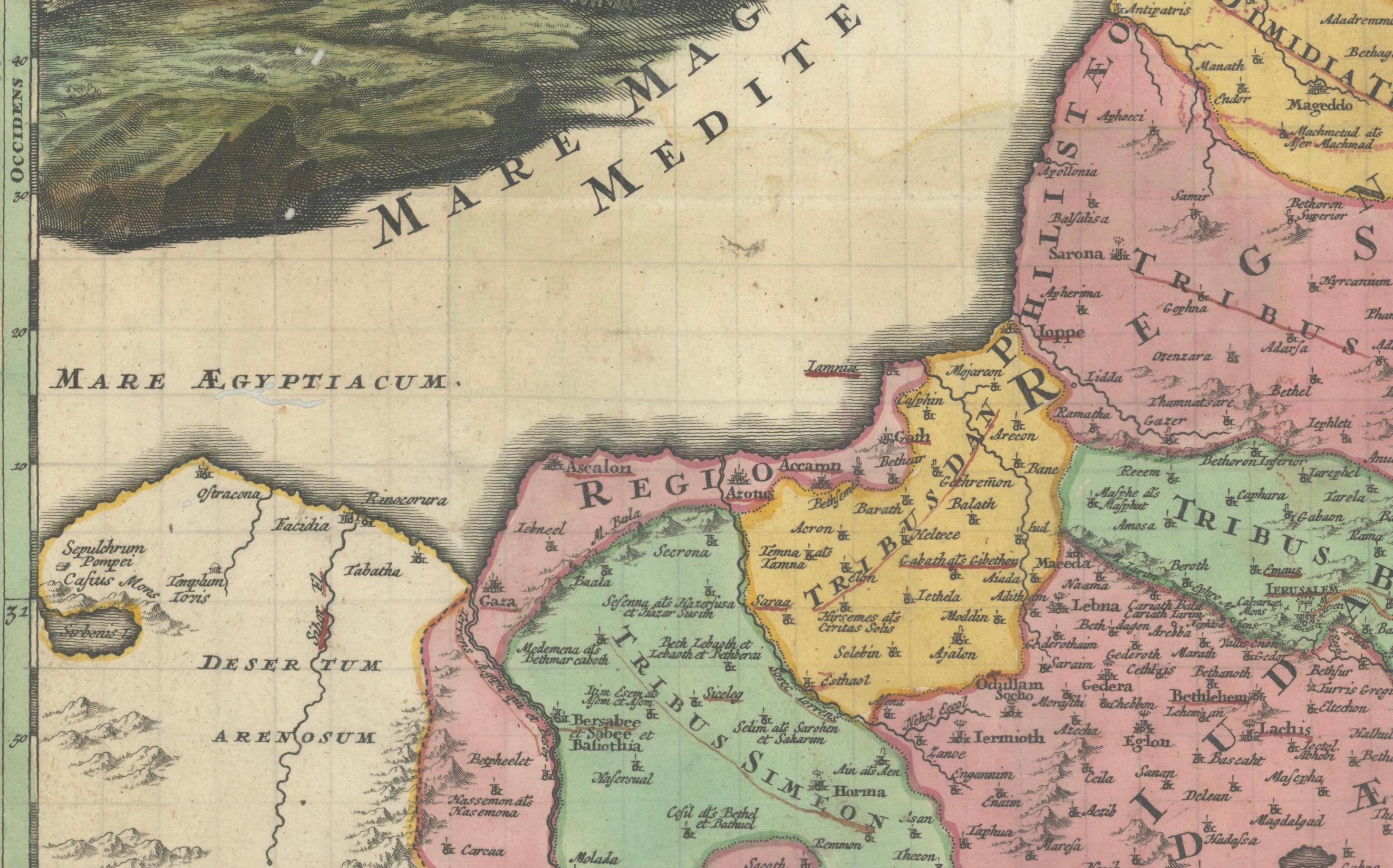 Mapa coloreado a mano de Tierra Santa dividida entre las doce tribus, c.1720 en venta 1