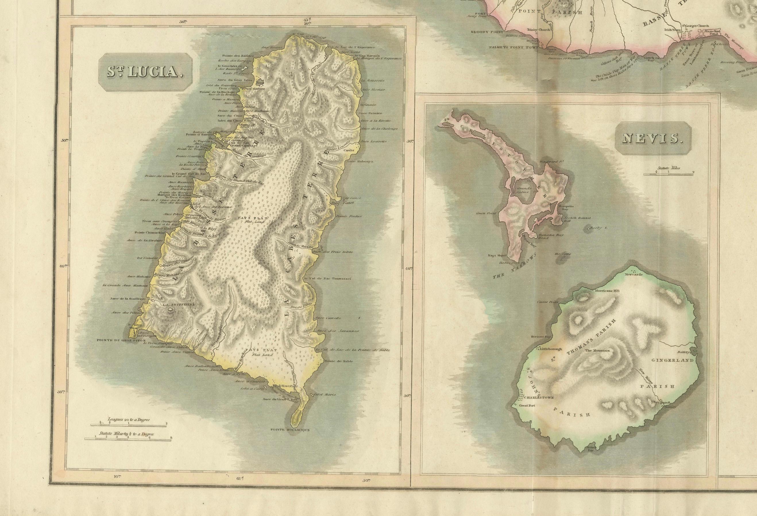 Gravé Carte colorée à la main des îles de l'Inde occidentale : St. Christopher's, St. Lucia et Nevis en vente