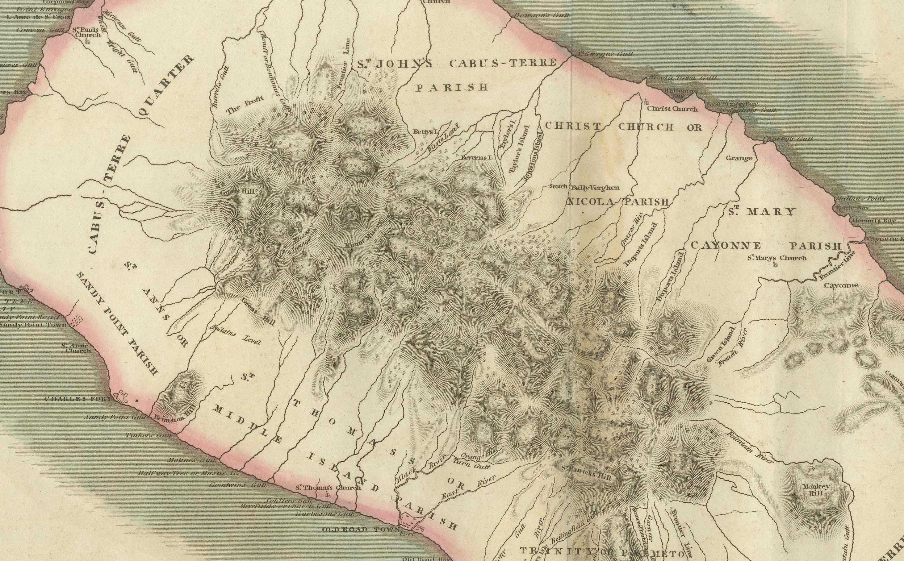 Carte colorée à la main des îles de l'Inde occidentale : St. Christopher's, St. Lucia et Nevis Bon état - En vente à Langweer, NL