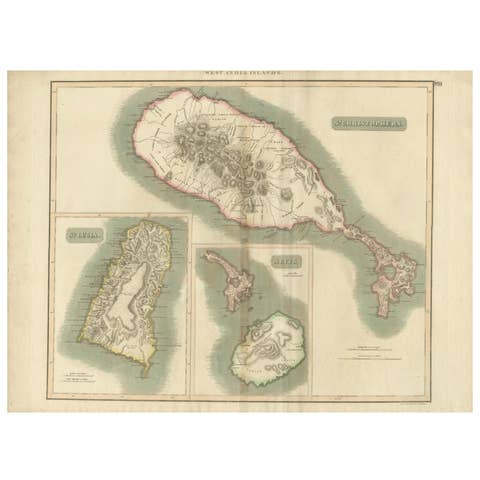 Hand-Colored Map of West India Islands: St. Christopher's, St. Lucia and Nevis