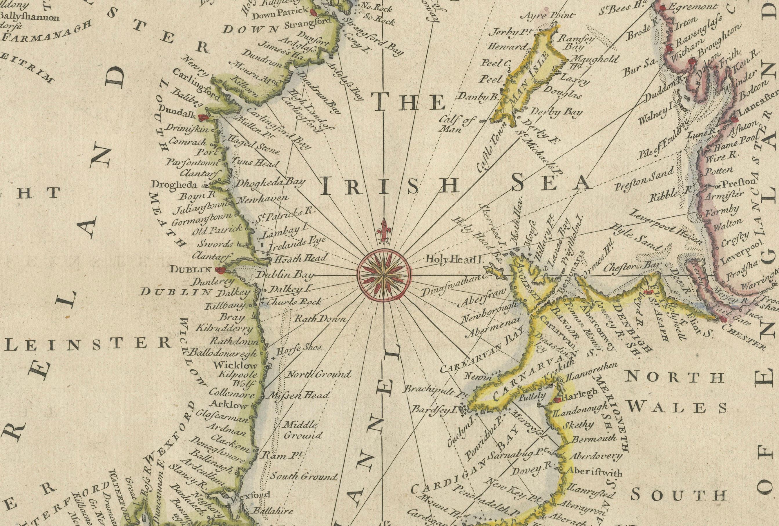 Mid-18th Century Hand-colored Nautical Chart: St. George's Channel and the Irish Sea, 1744 For Sale