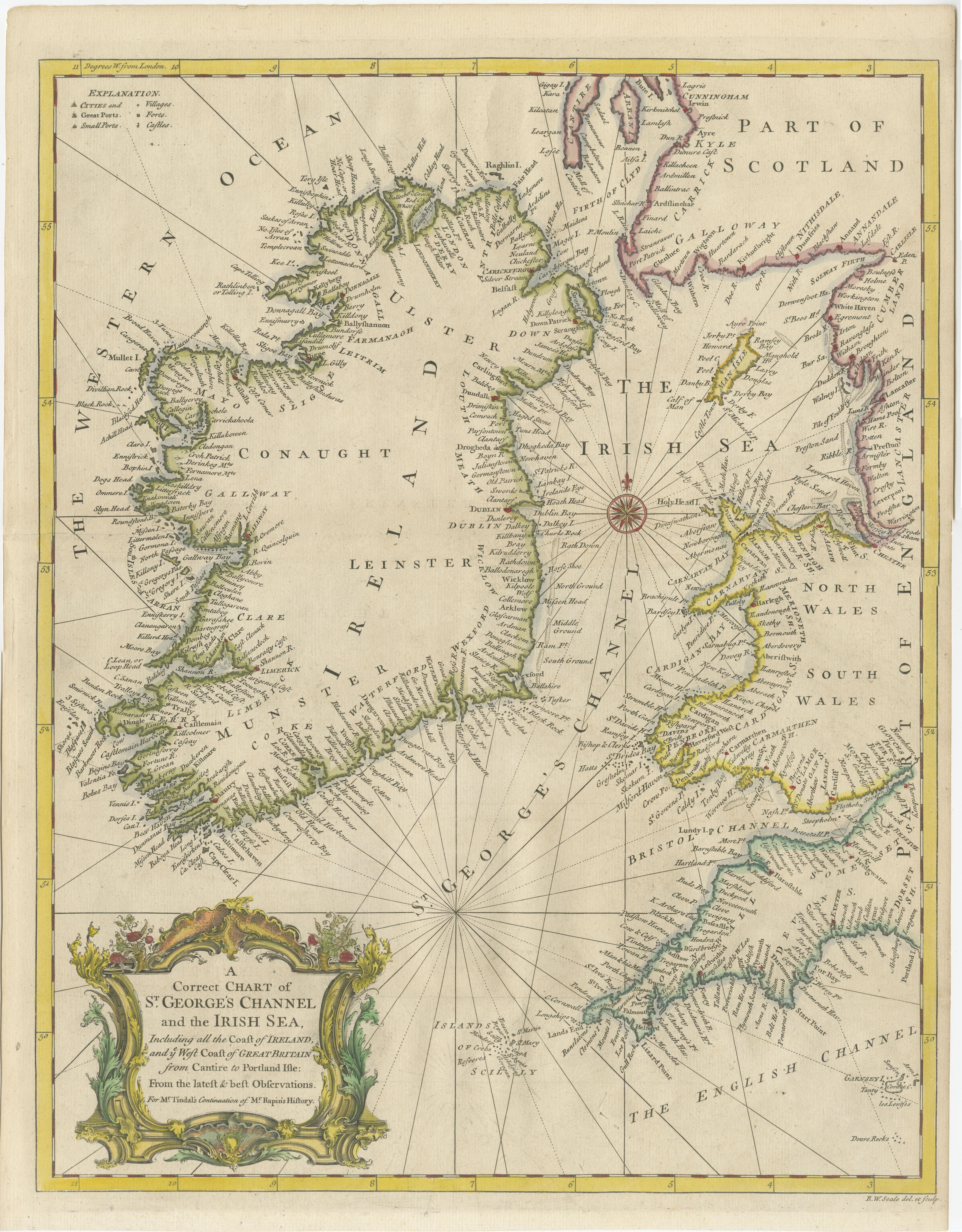 Paper Hand-colored Nautical Chart: St. George's Channel and the Irish Sea, 1744 For Sale