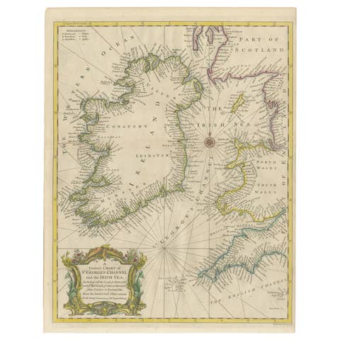 Hand-colored Nautical Chart: St. George's Channel and the Irish Sea, 1744
