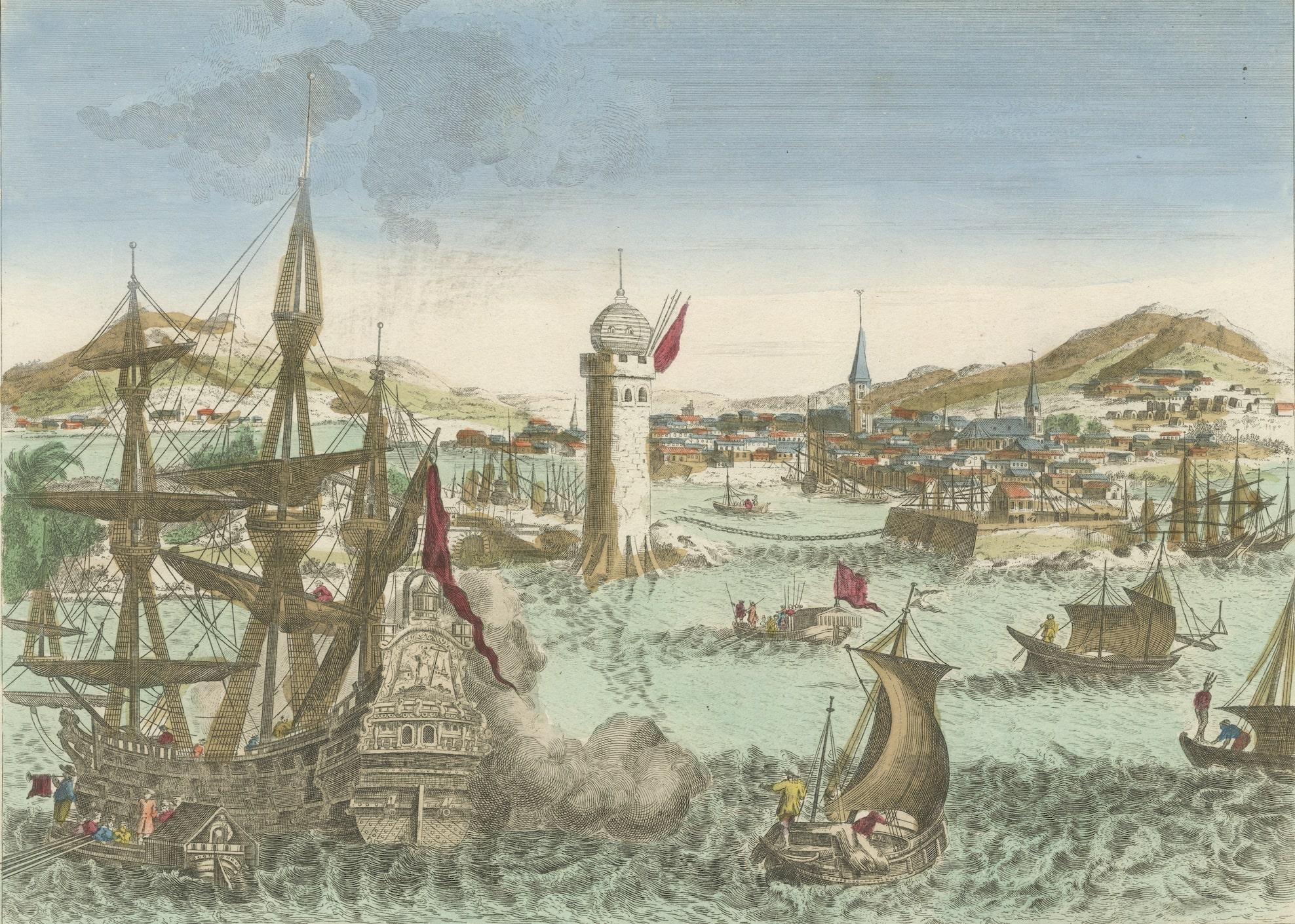 Mid-18th Century Hand-Colored Optica Print of the Harbour of Havanna, Cuba For Sale