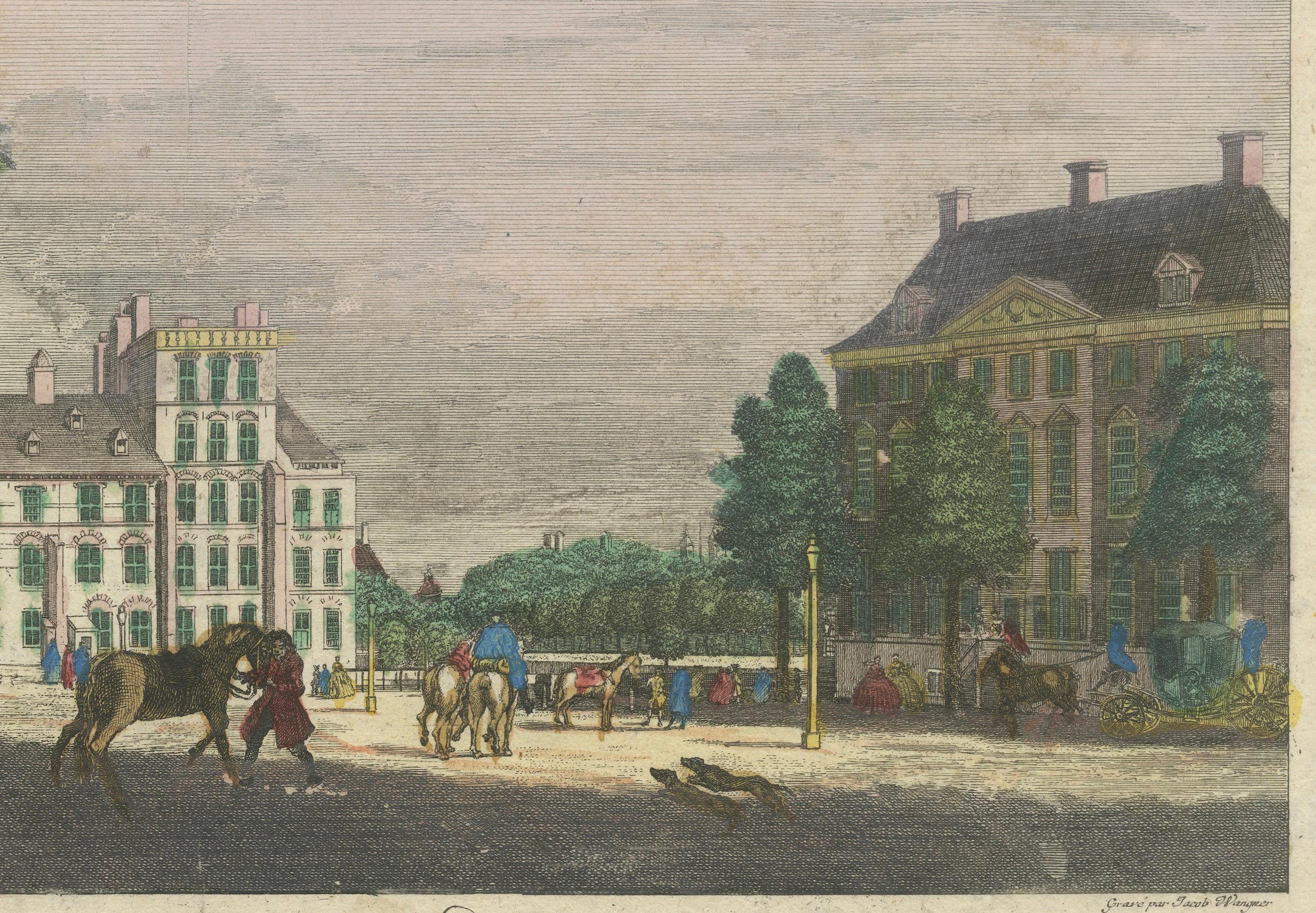 Handkolorierte optische Ansicht des Buitenhofs, Den Haag, von Jacob Wagner, um 1760 im Zustand „Relativ gut“ im Angebot in Langweer, NL