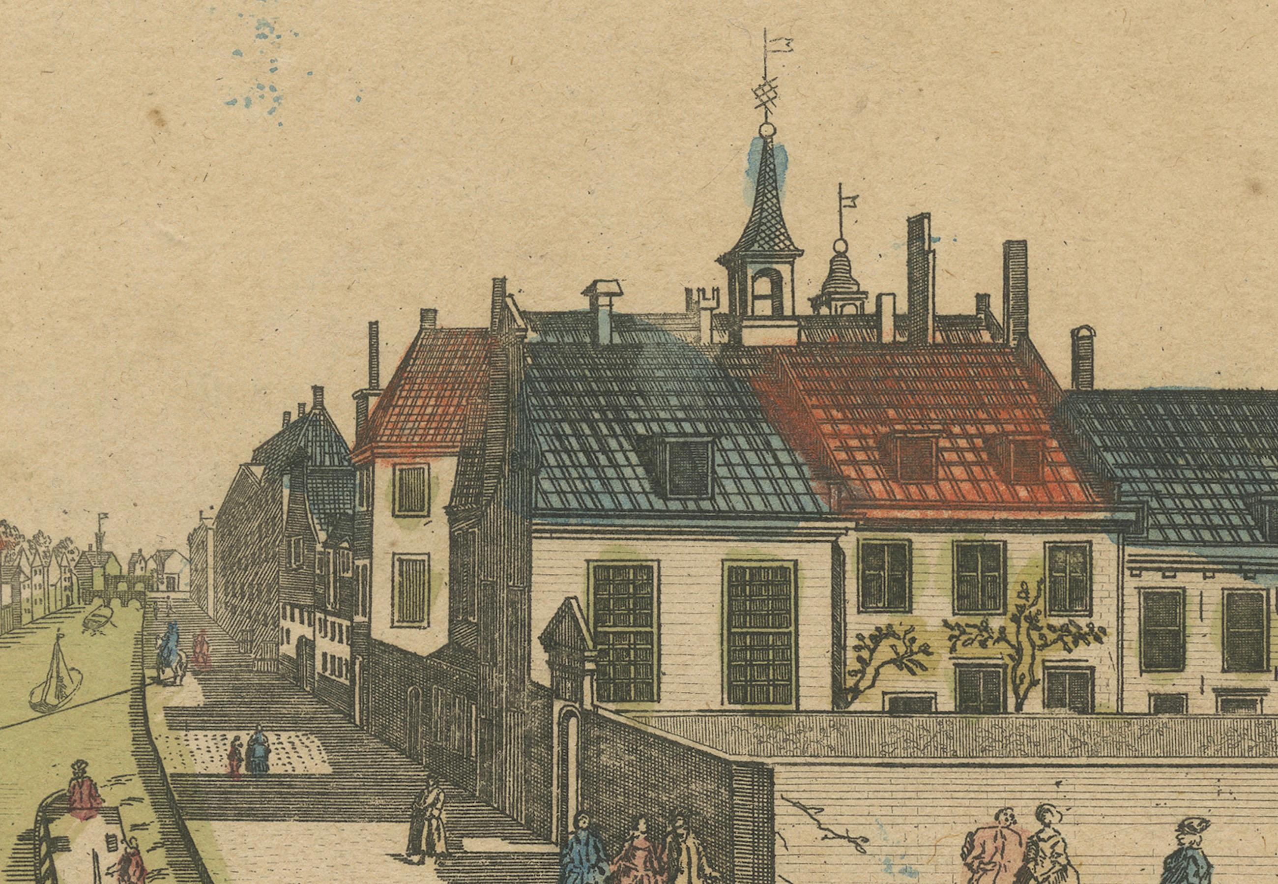 Engraved Hand-Colored Optical View of Delft Canal, The Hague by G.J. Probst, 1781 For Sale
