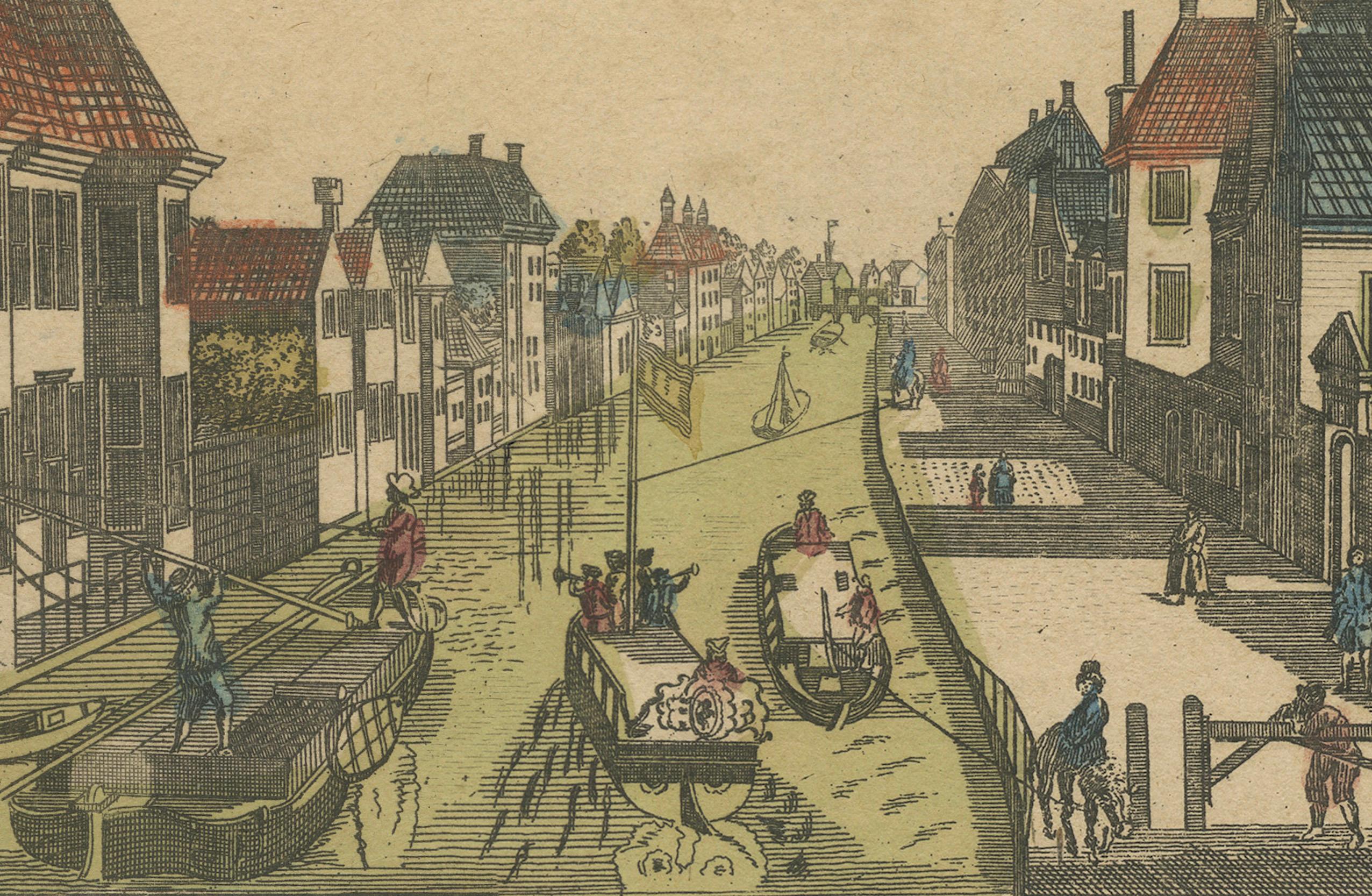 Late 18th Century Hand-Colored Optical View of Delft Canal, The Hague by G.J. Probst, 1781 For Sale