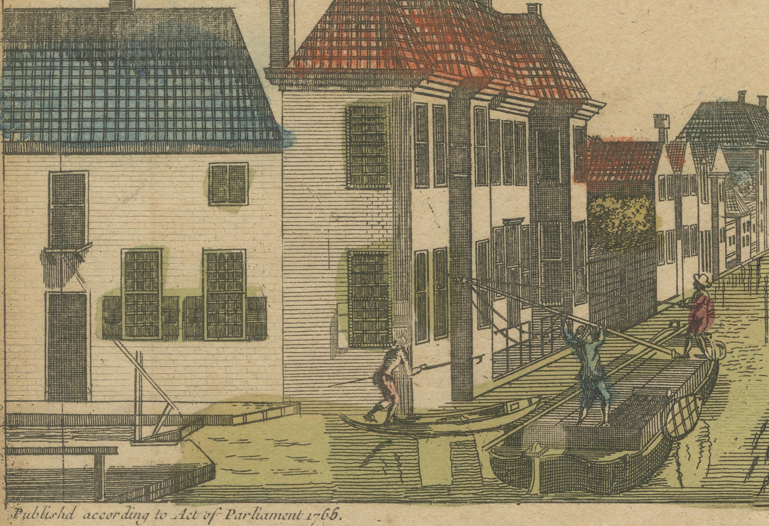Paper Hand-Colored Optical View of Delft Canal, The Hague by G.J. Probst, 1781 For Sale