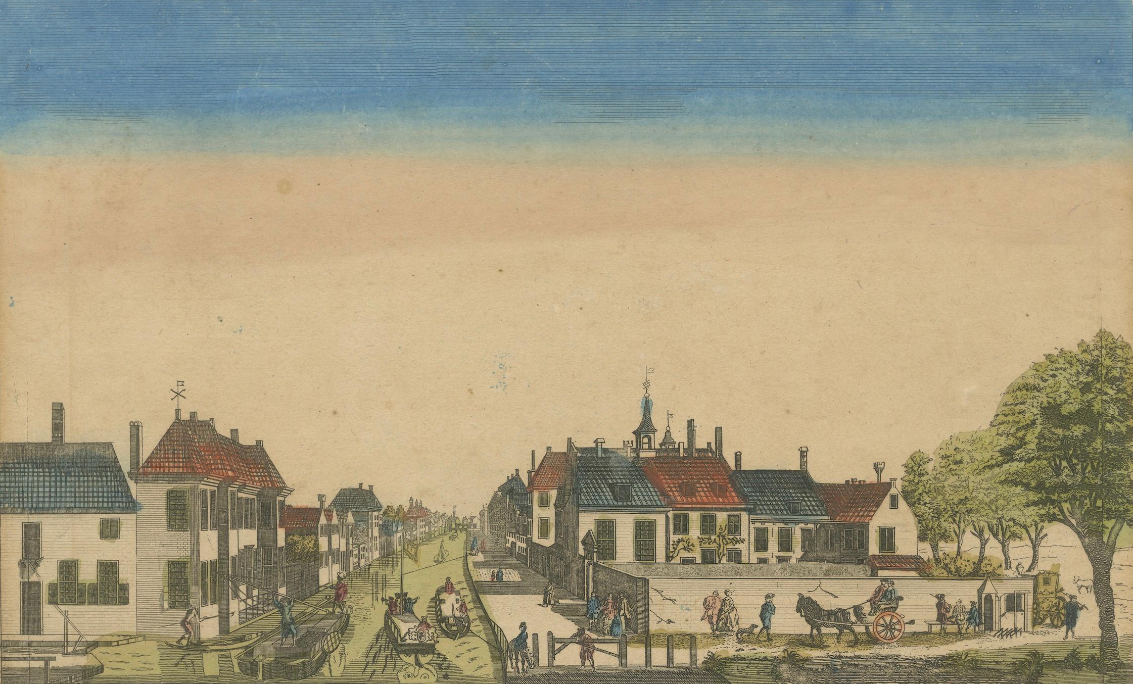Hand-Colored Optical View of Delft Canal, The Hague by G.J. Probst, 1781 For Sale 1