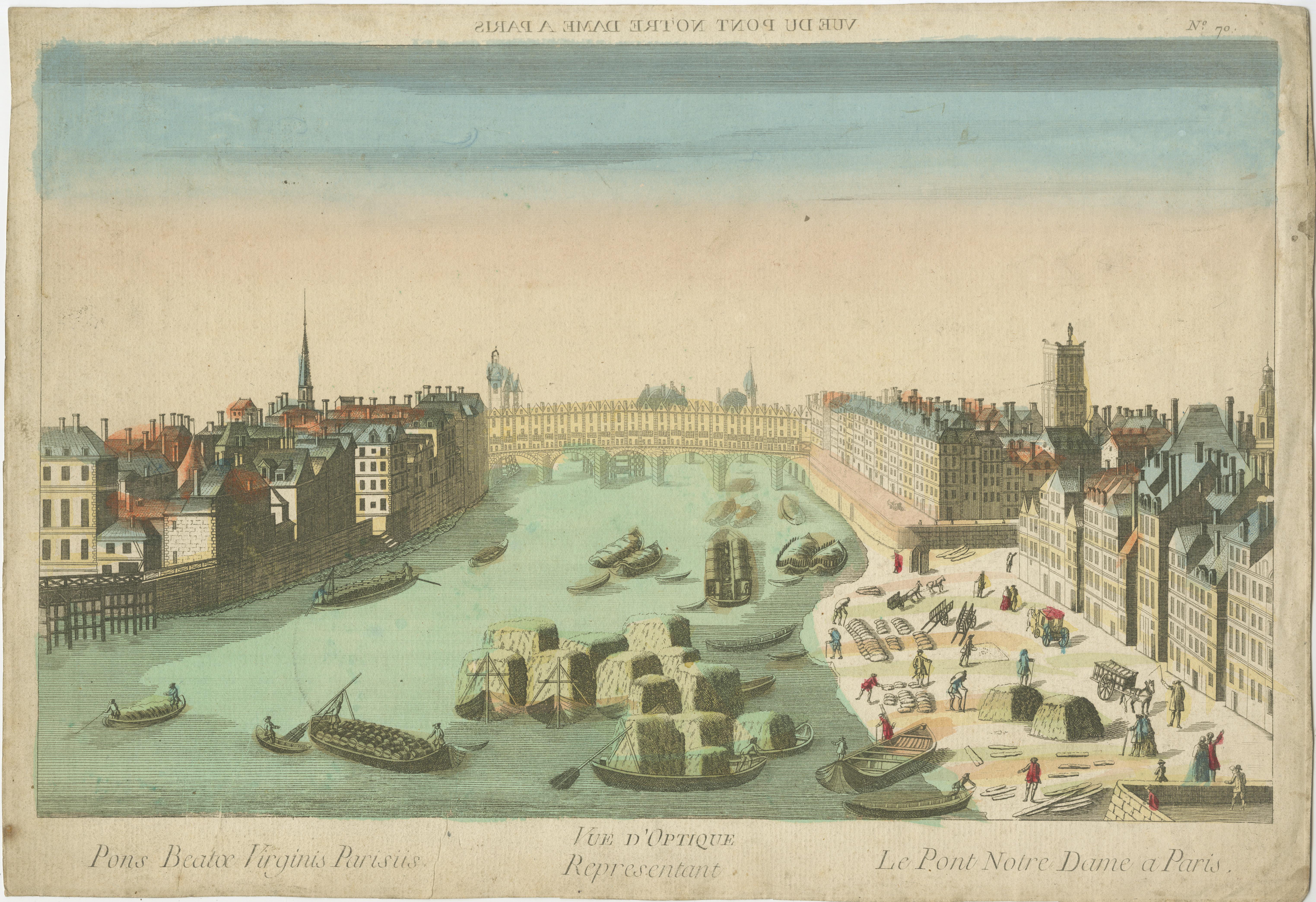 Engraved Hand-Colored Optical View of Pont Notre-Dame, Paris, ca. 18th Century For Sale
