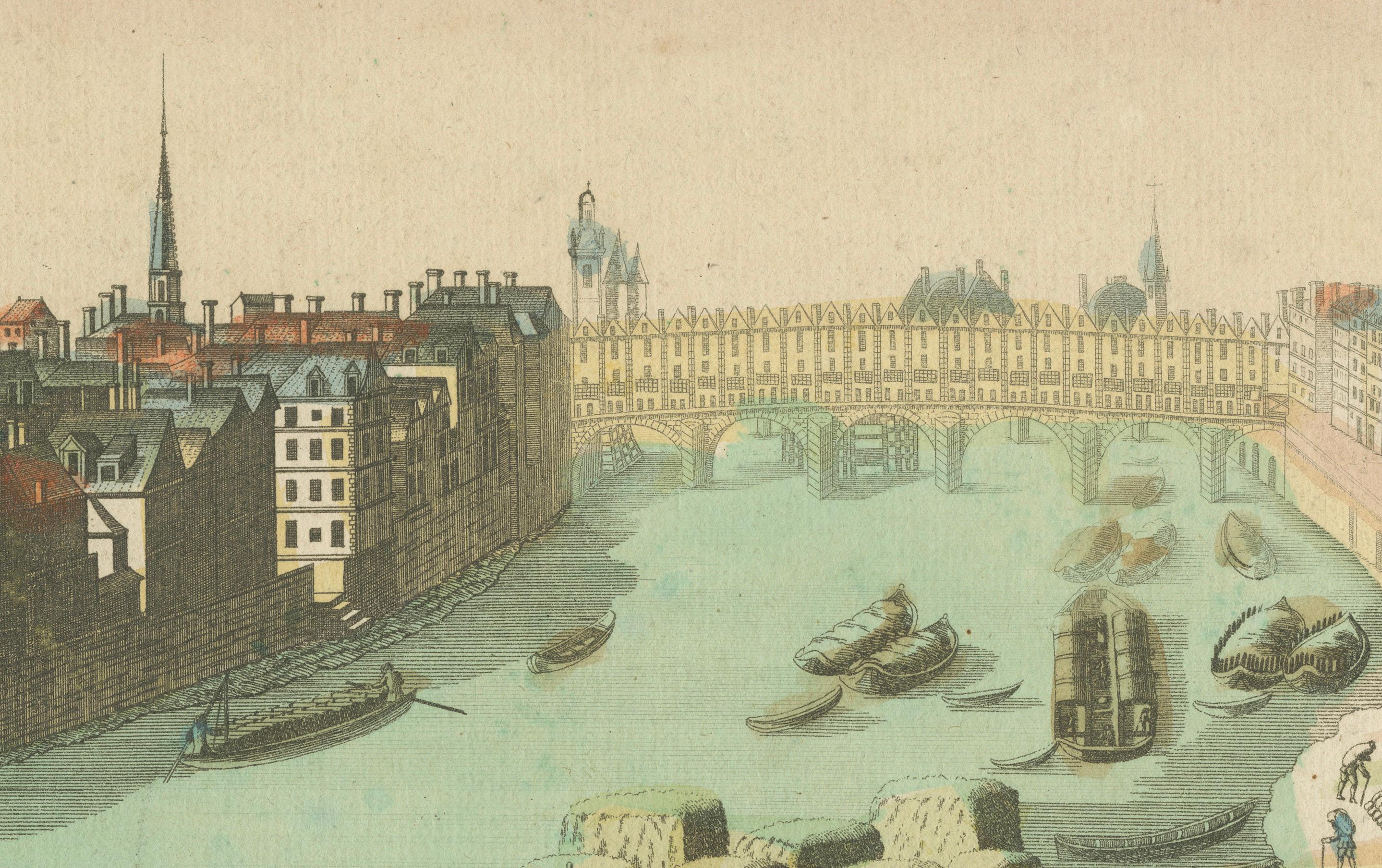 Hand-Colored Optical View of Pont Notre-Dame, Paris, ca. 18th Century In Good Condition For Sale In Langweer, NL