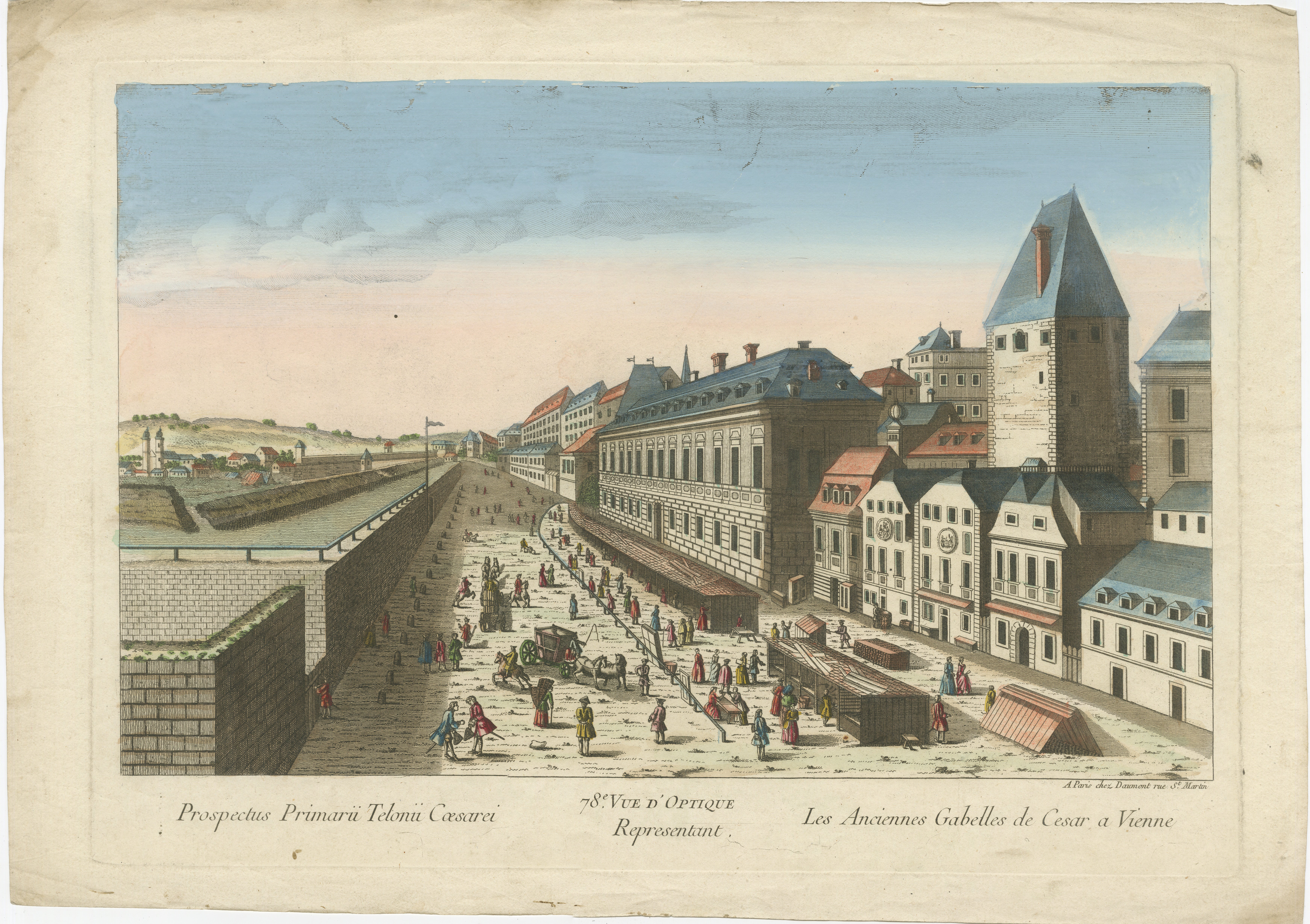 Titel: Handkolorierte optische Ansicht von Wien (Rotenturmstraße & Leopoldstadt)

Diese handkolorierte perspektivische Ansicht, die Salomon Kleiner zugeschrieben und von Daumont zwischen 1750 und 1800 in Paris veröffentlicht wurde, ist eine schöne