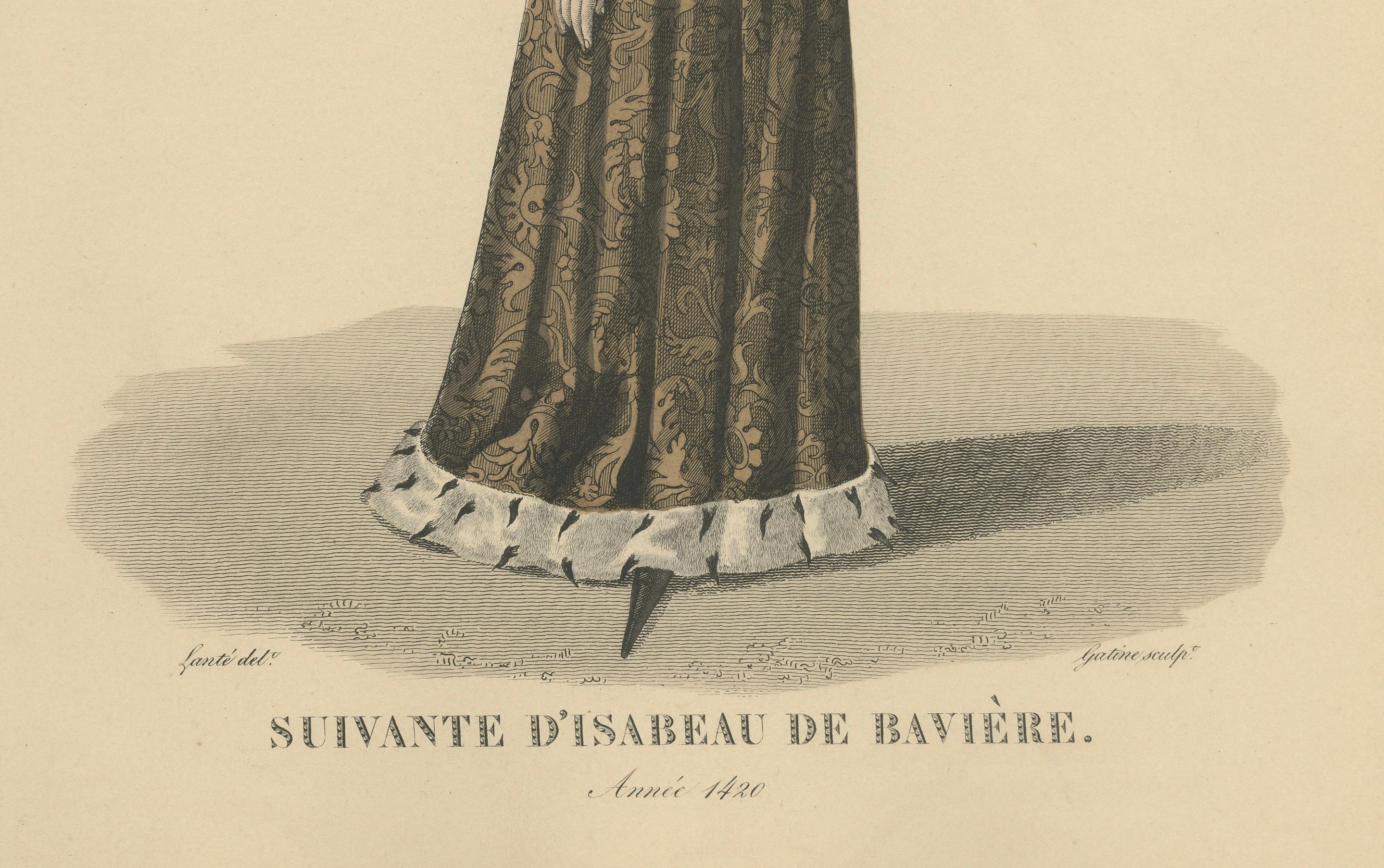 Handkoloriertes Porträt einer Hofdame von Isabella von Bayern, 1420 (nach 1827, Ausgabe von ca. 1900)

Eleganter handkolorierter Kupferstich einer Hofdame im Dienste der Königin Isabeau von Bayern, datiert 1420. Die Figur ist in einem langen