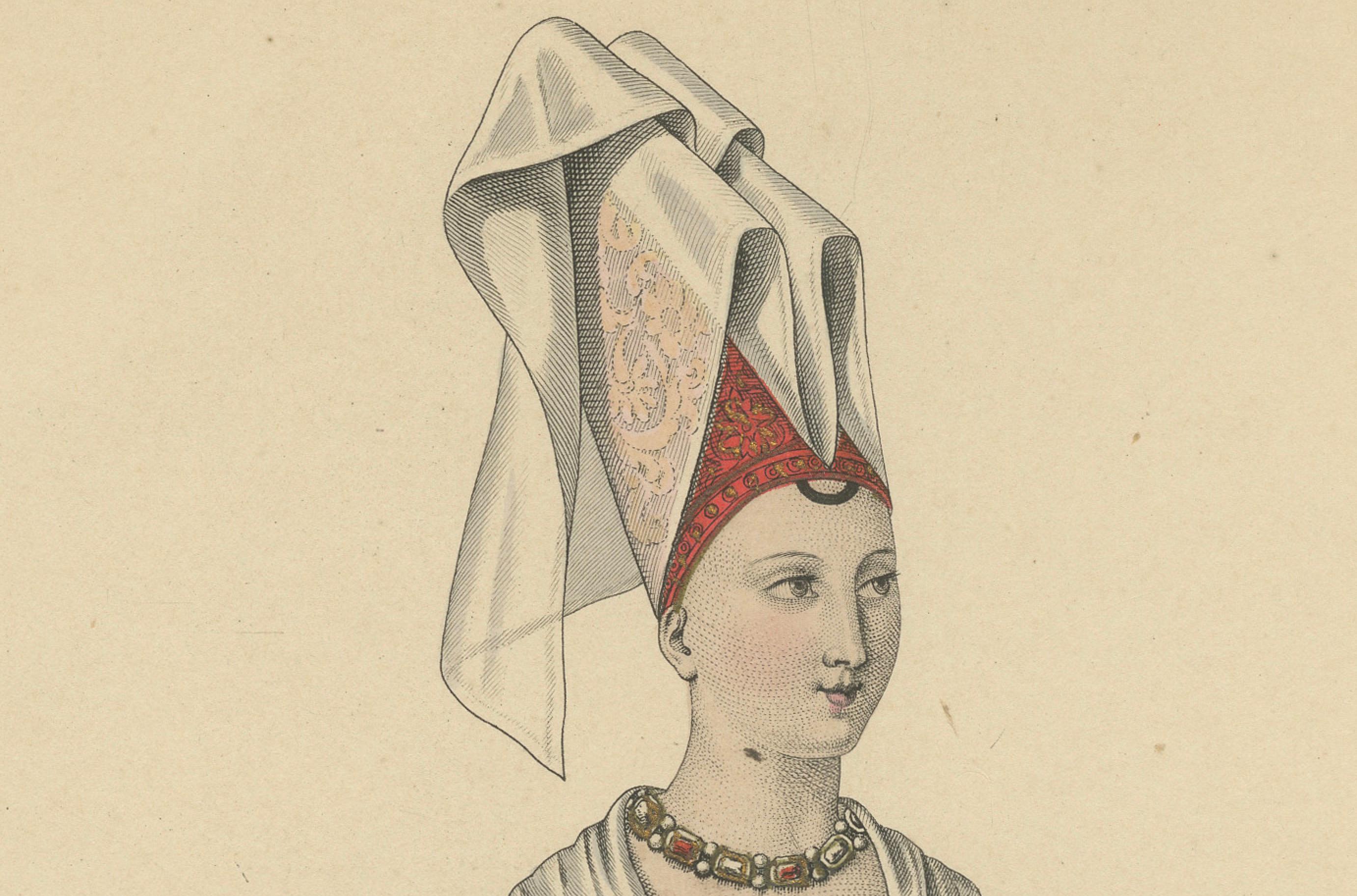 Handkoloriertes Porträt einer Hofdame von Isabeau von Bayern, 1420 (1900) (Graviert) im Angebot