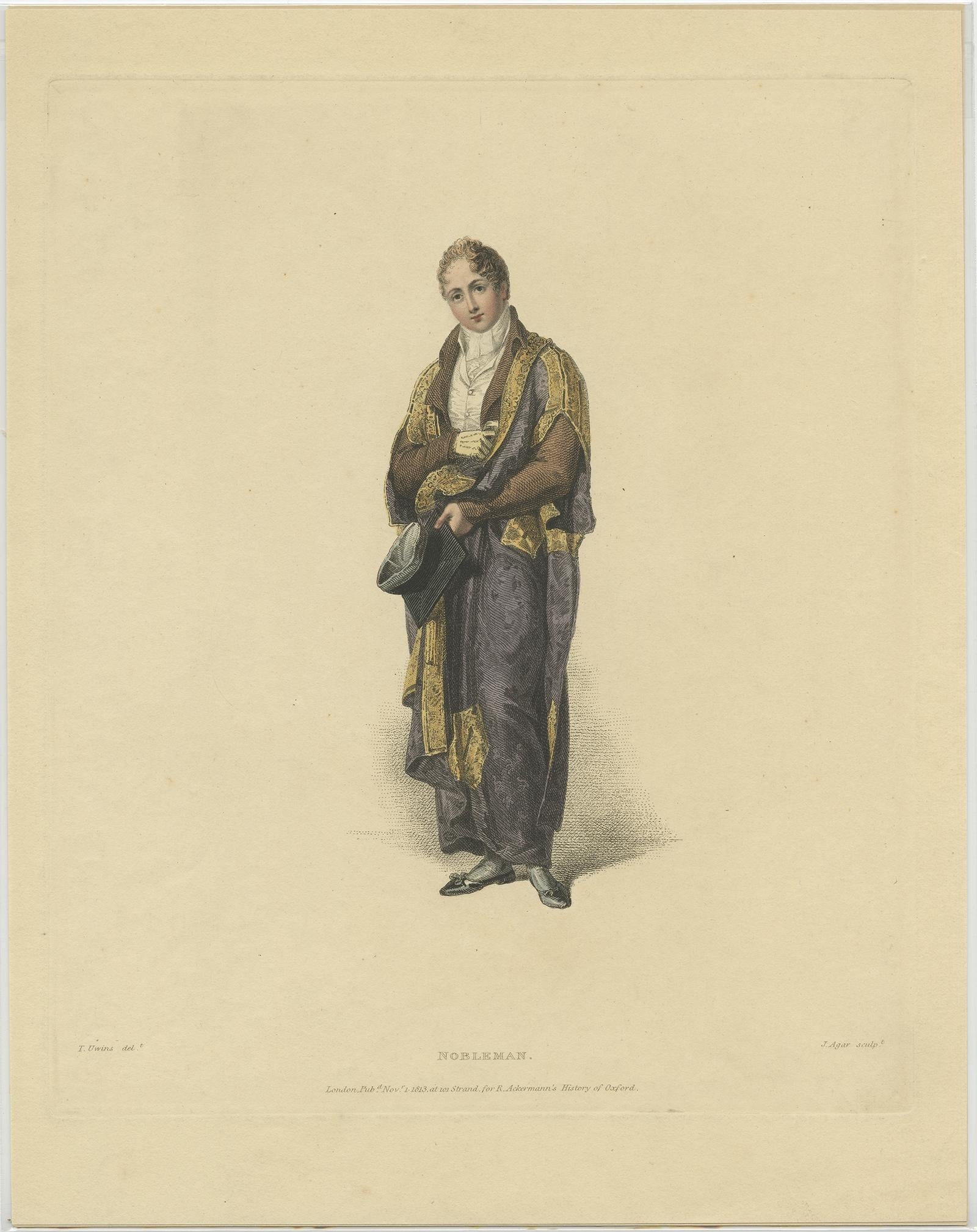 Antique print titled 'Nobleman'. Portrait of a nobleman, Lord Belgrave, made after a drawing by Thomas Uwins. 

This print originates from 'Ackermann's History of Oxford and History of Cambridge'. 

Artists and Engravers: Printed for R. Ackermann,