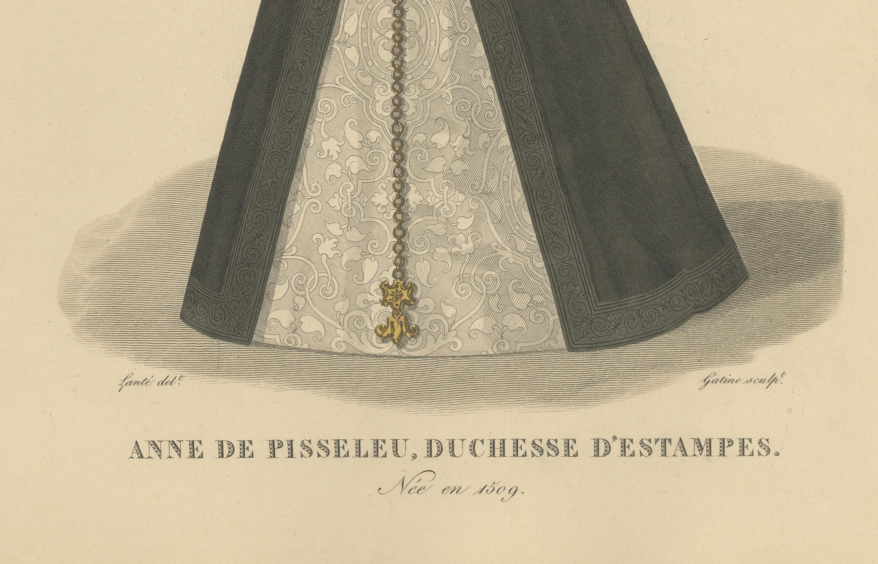 Handkoloriertes Porträt von Anne de Pisseleu, Duchesse d'Étampes, um 1900 (nach 1827)

Feiner handkolorierter Stich von Anne de Pisseleu (1508-1580), Duchesse d'Étampes, hergestellt um 1900 nach der Originalplatte aus der Galerie Française de Femmes