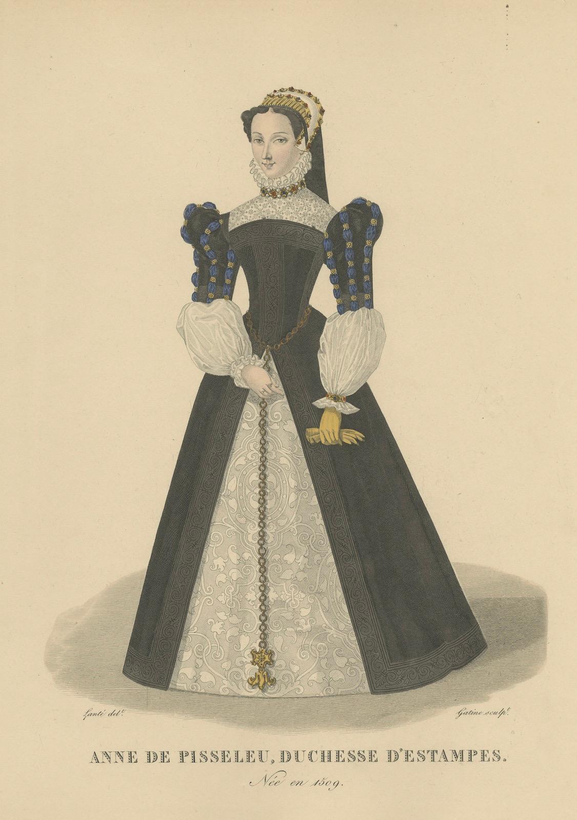 Handkoloriertes Porträt von Anne de Pisseleu, Duchesse d'Étampes, 1900 im Zustand „Gut“ im Angebot in Langweer, NL